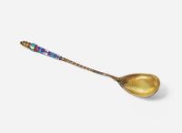 A cased set of six Russian silver gilt and shaded enamel spoons, maker's mark indistinct, Assay master Anatoly Apollonovich Artsybashev, Moscow, 1894