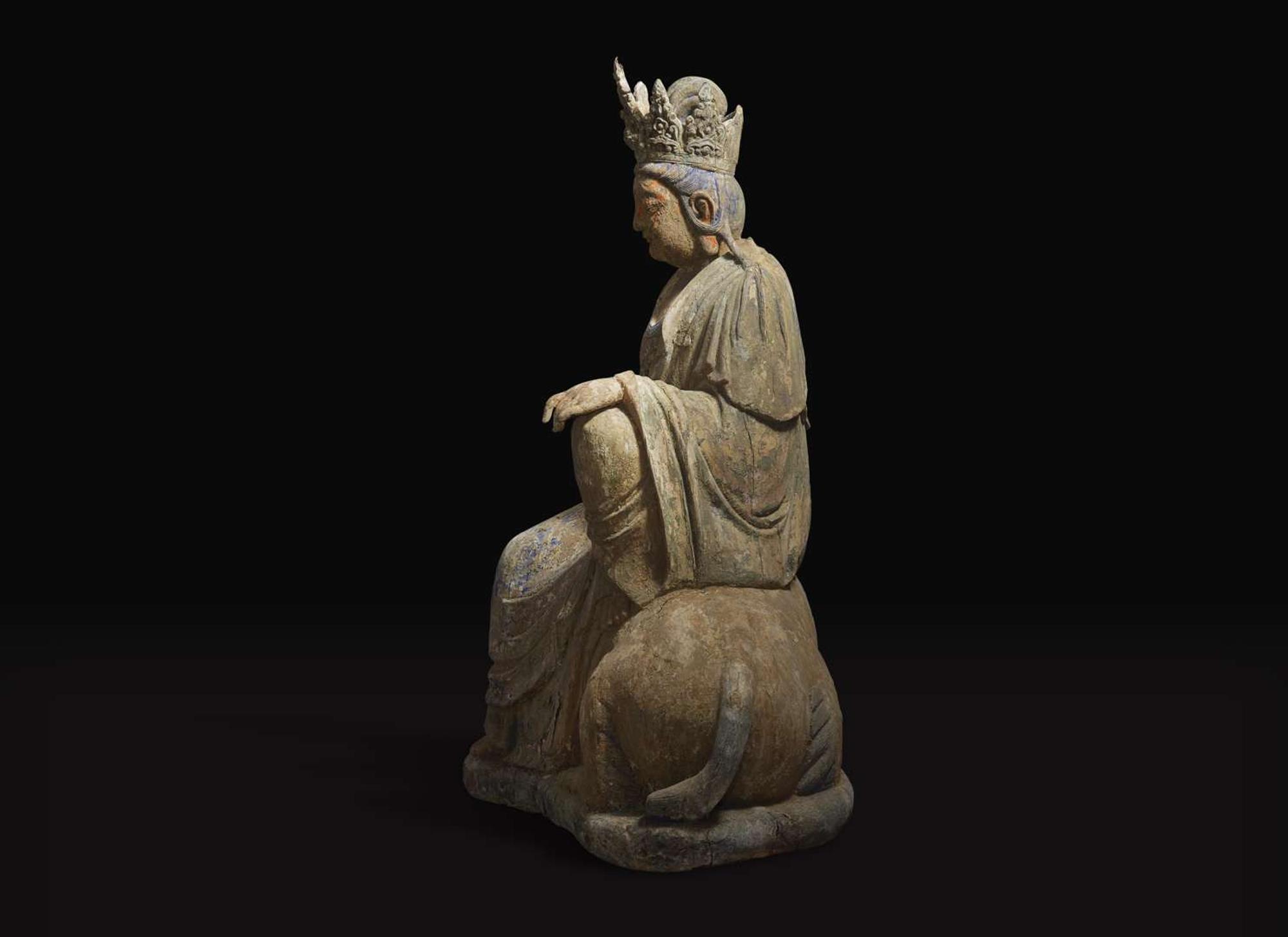 A very large Chinese carved and polychromed wood figure of "Shi Hou Guanyin" 大型獅吼觀音雕塑