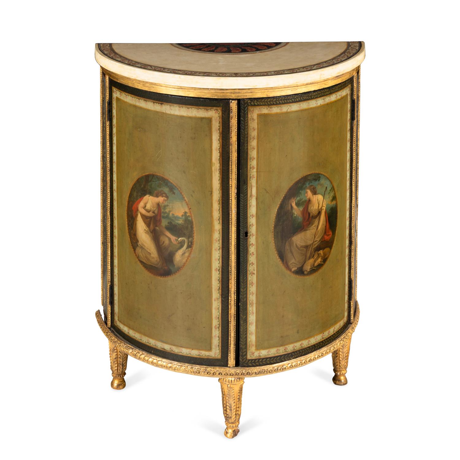 A George III Polychrome Painted and Parcel Gilt Side Cabinet