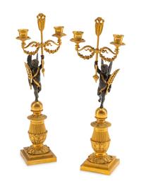A Pair of Empire Style Gilt and Patinated Bronze Figural Two-Light Candelabra