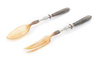 A Pair of Silver Mounted Horn Salad Servers. Length 10 3/4 inches.