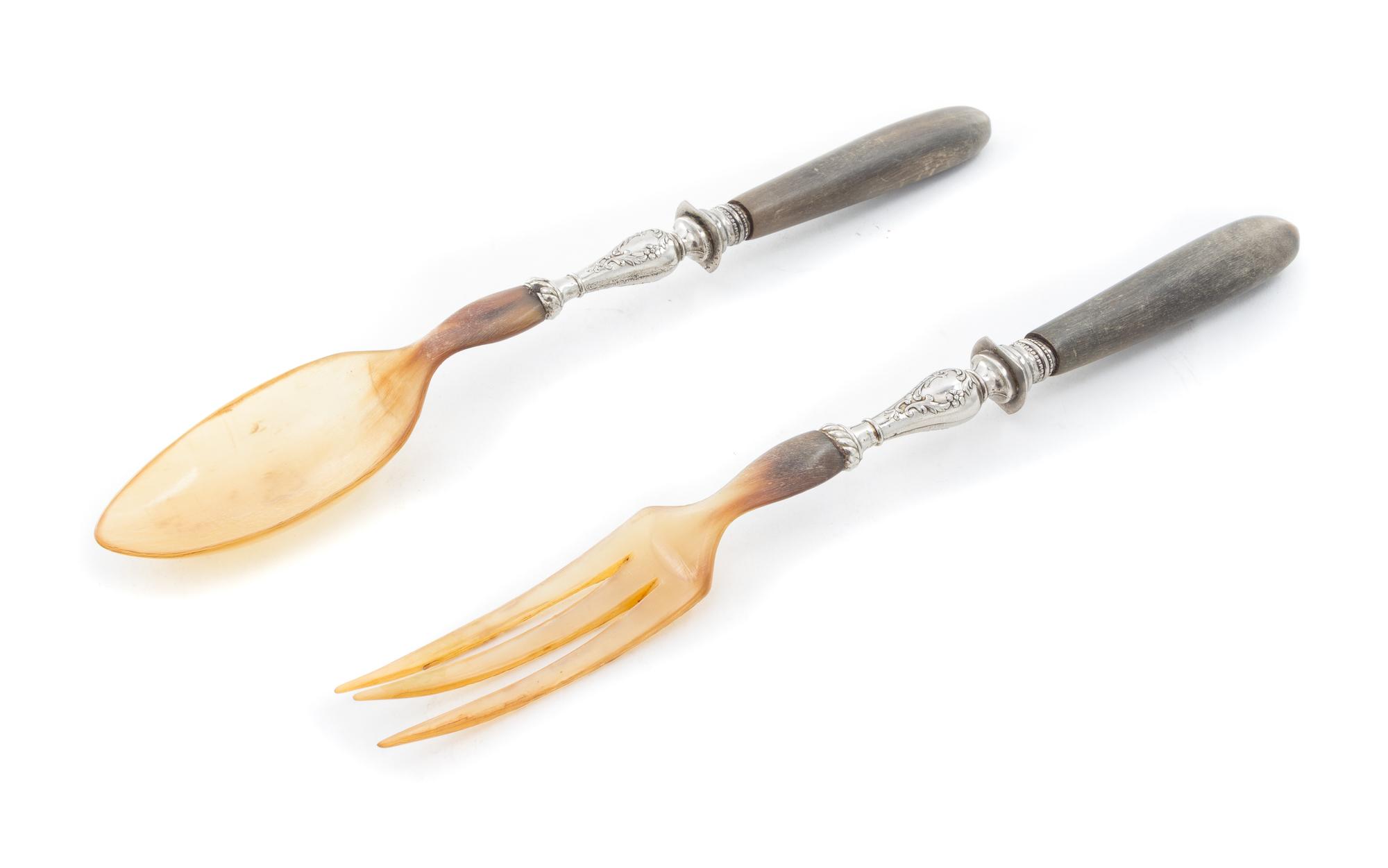 A Pair of Silver Mounted Horn Salad Servers. Length 10 3/4 inches.