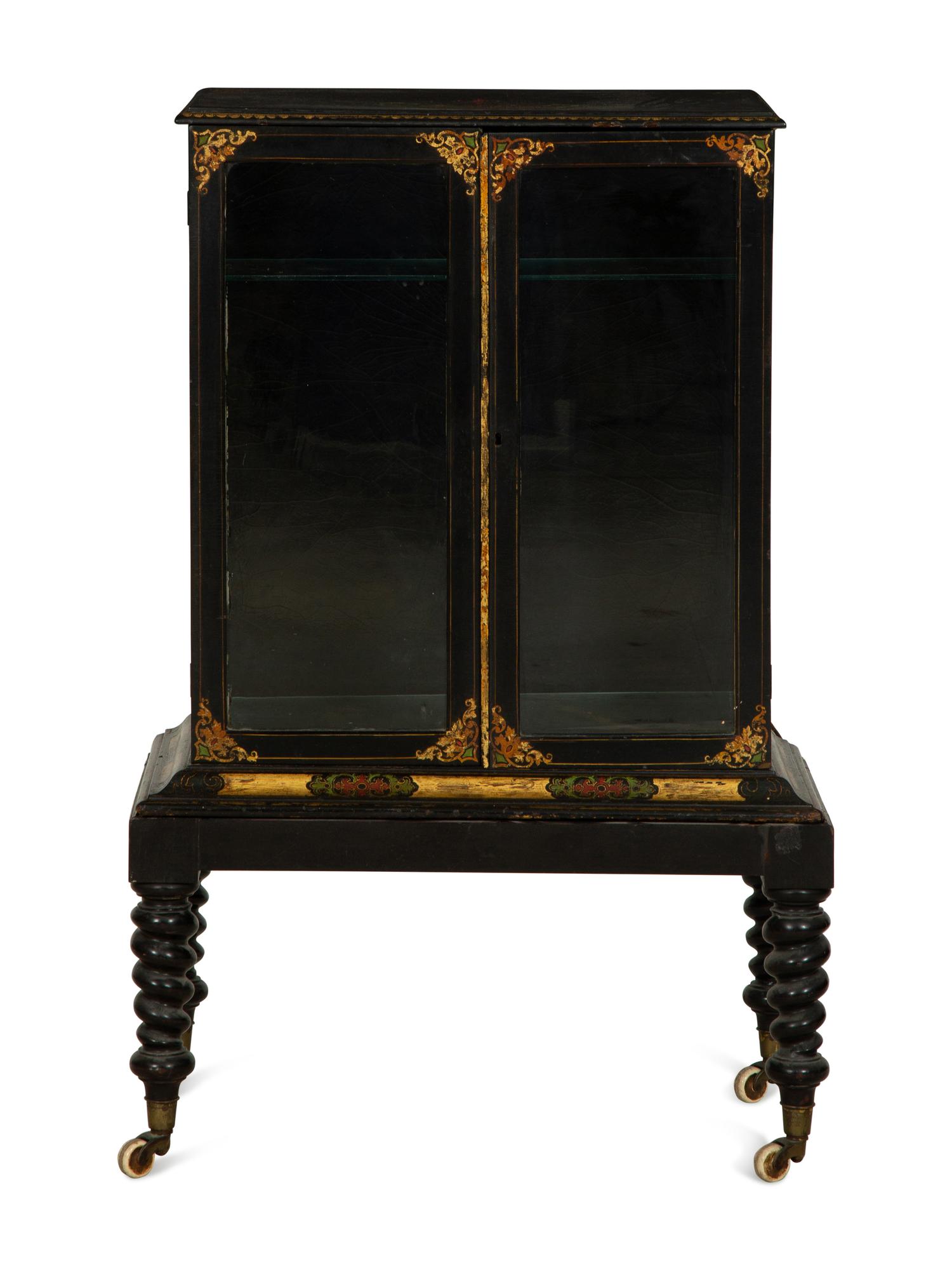 A Victorian Black and Gilt Lacquer Etagère on Stand