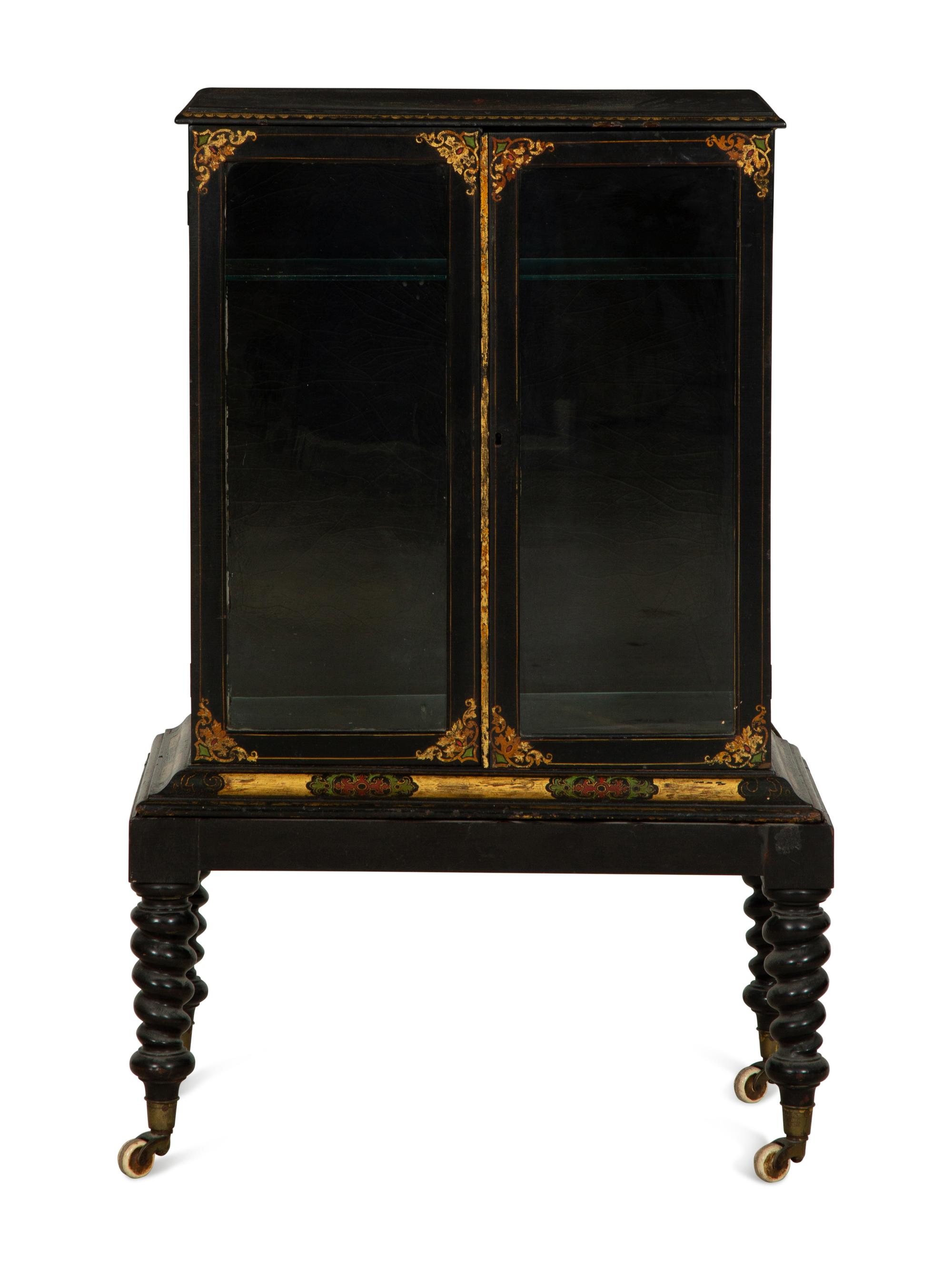 A Victorian Black and Gilt Lacquer Etagère on Stand