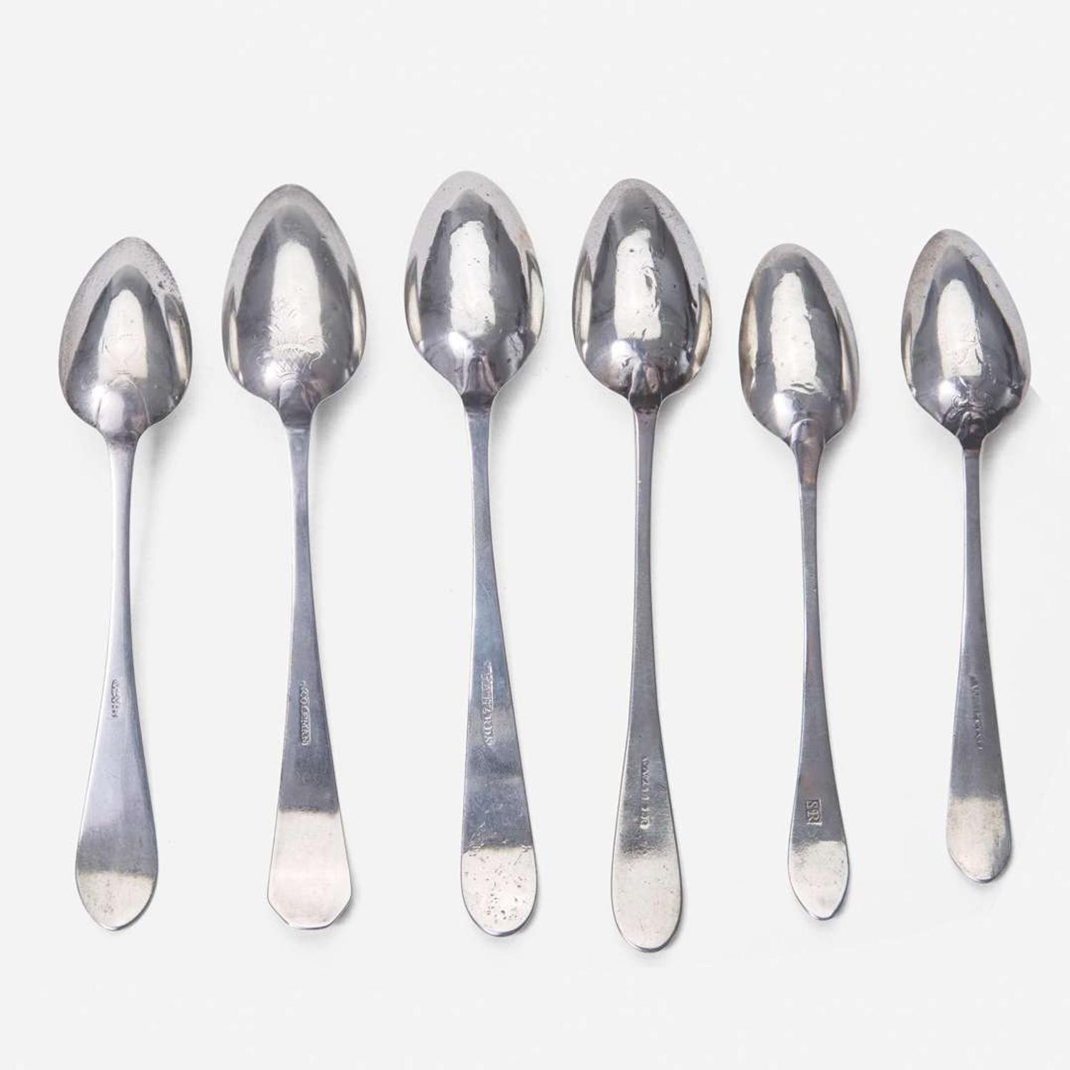 A large collection of twenty-five bird-back and fancy-back teaspoons Various makers, Lancaster, Reading, Philadelphia, PA, and Burlington, NJ, circa 1780-1820