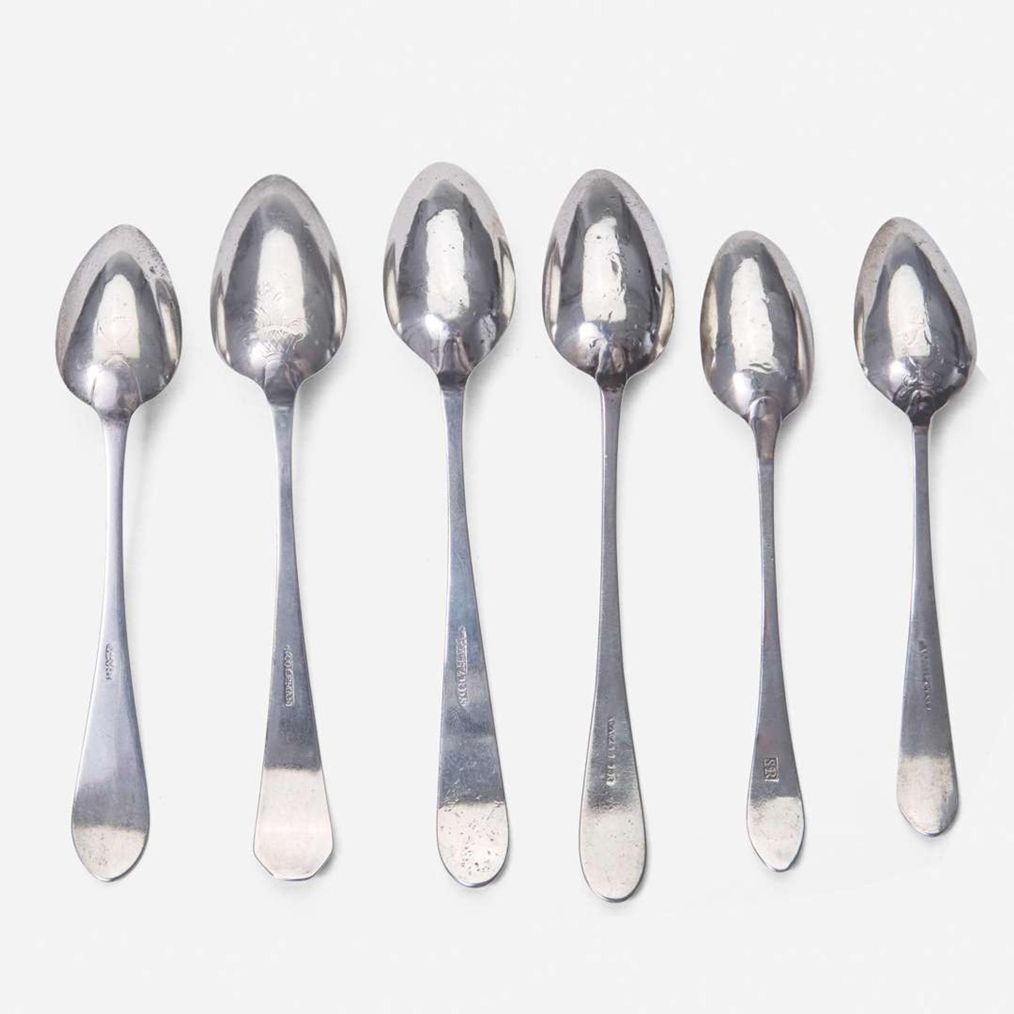 A large collection of twenty-five bird-back and fancy-back teaspoons Various makers, Lancaster, Reading, Philadelphia, PA, and Burlington, NJ, circa 1780-1820