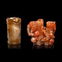 Two Chinese Carved Agate Brushpots, Bitong 瑪瑙筆筒兩件
