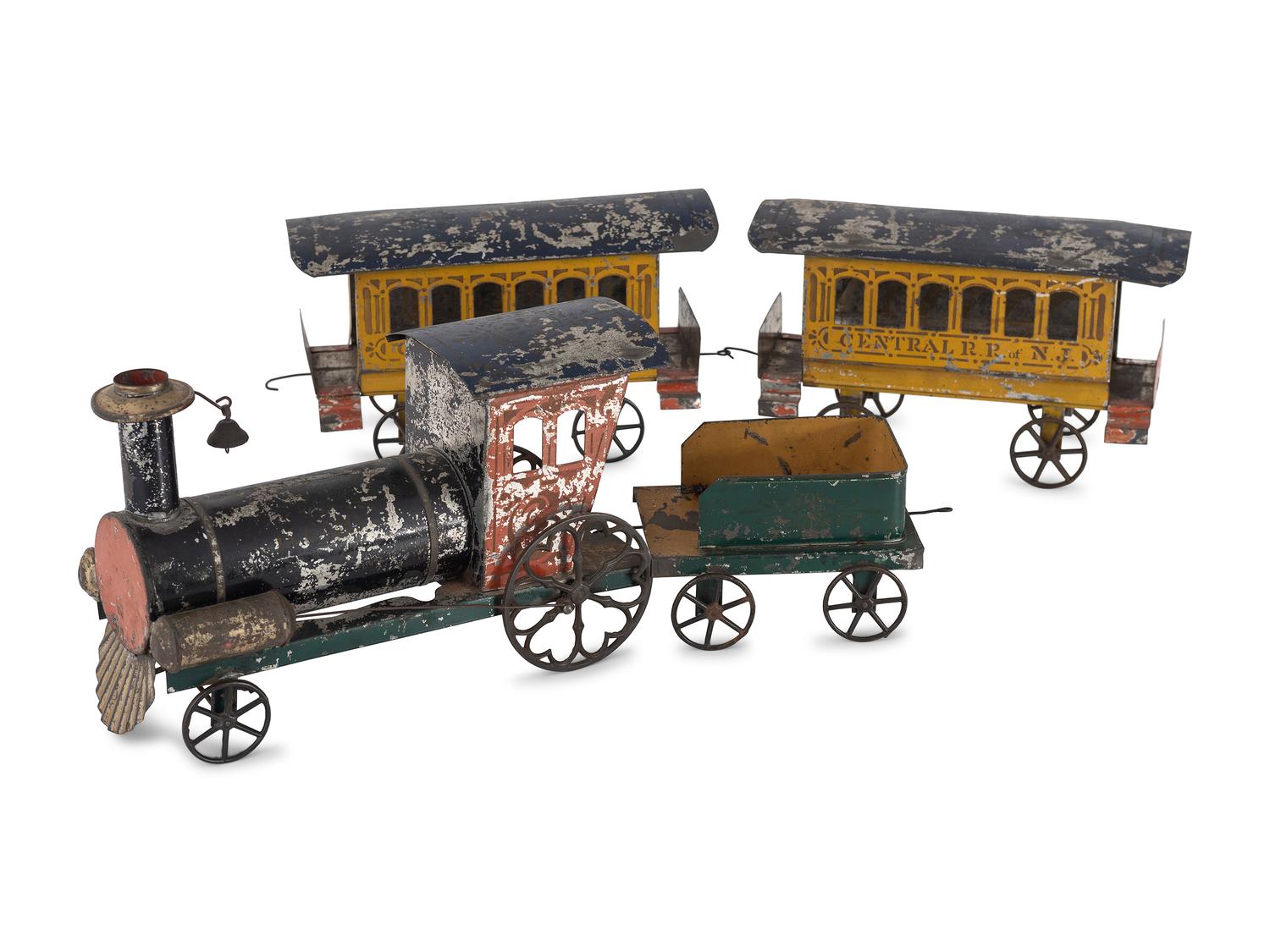 Three Hero Polychrome Decorated Train Cars of Graduating Size
