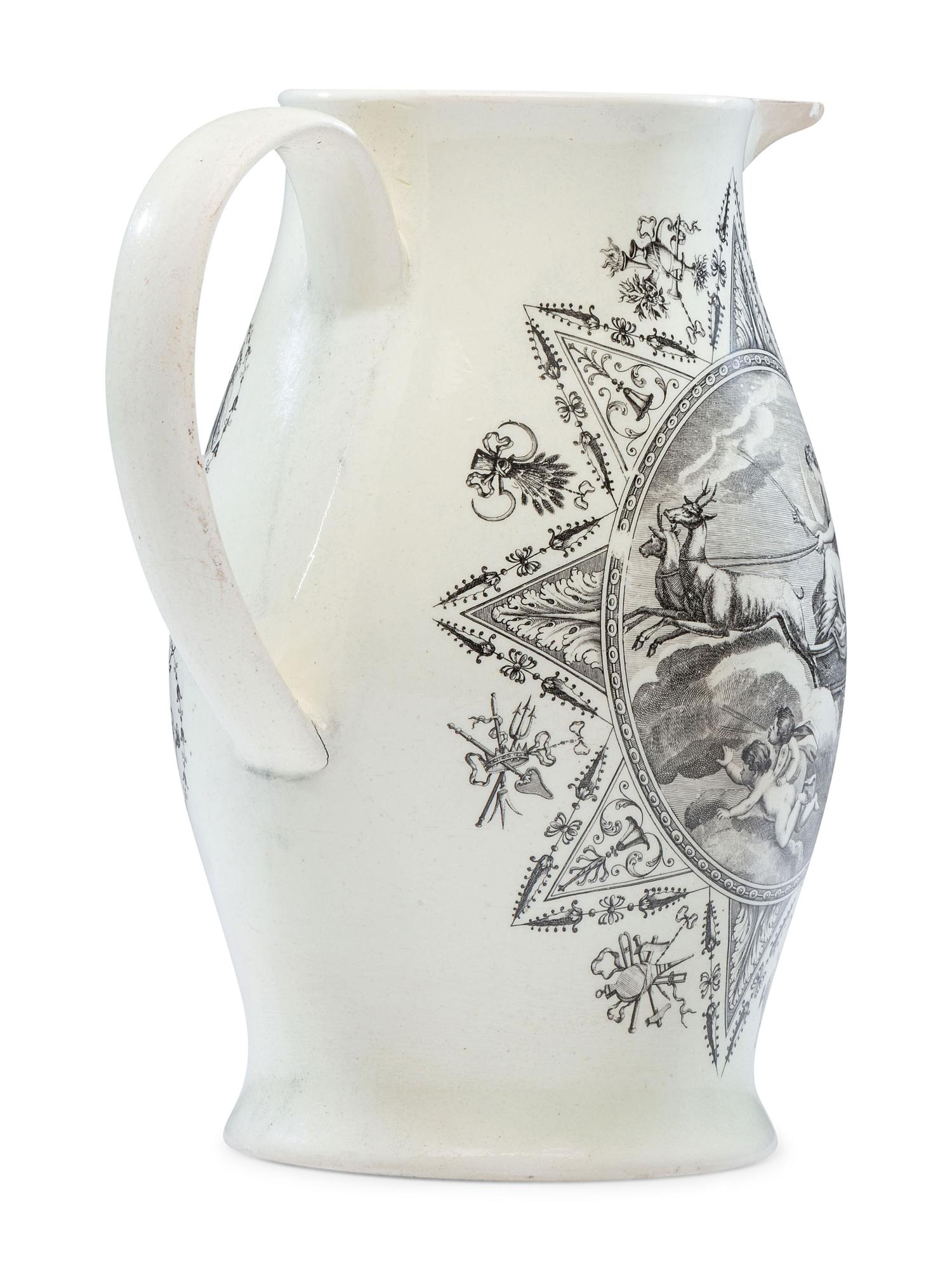 A Liverpool Transfer-Printed Creamware Pitcher with Apollo and Diana