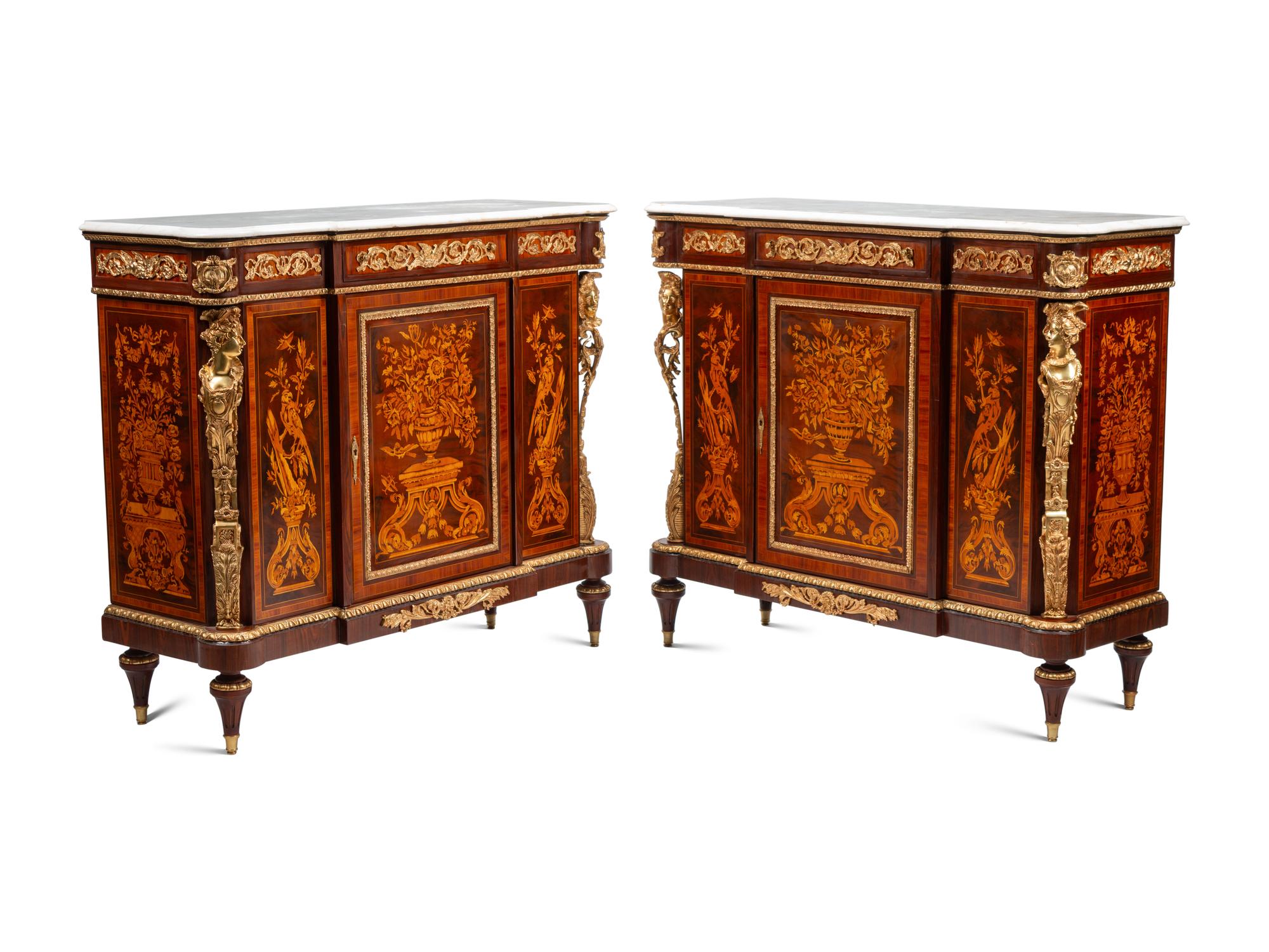 A Pair of Louis XVI Style Gilt Bronze Mounted Marquetry Marble-Top Cabinets