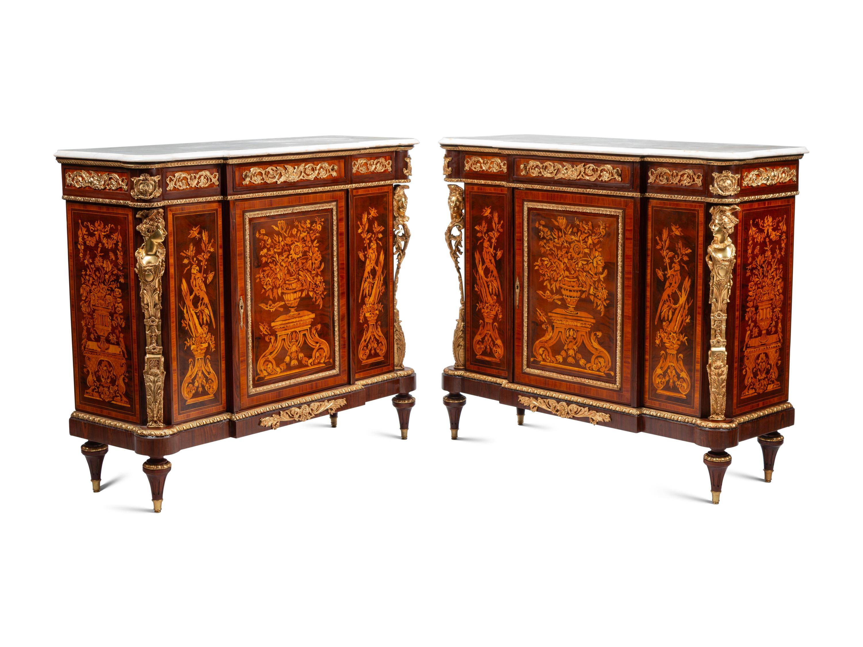 A Pair of Louis XVI Style Gilt Bronze Mounted Marquetry Marble-Top Cabinets
