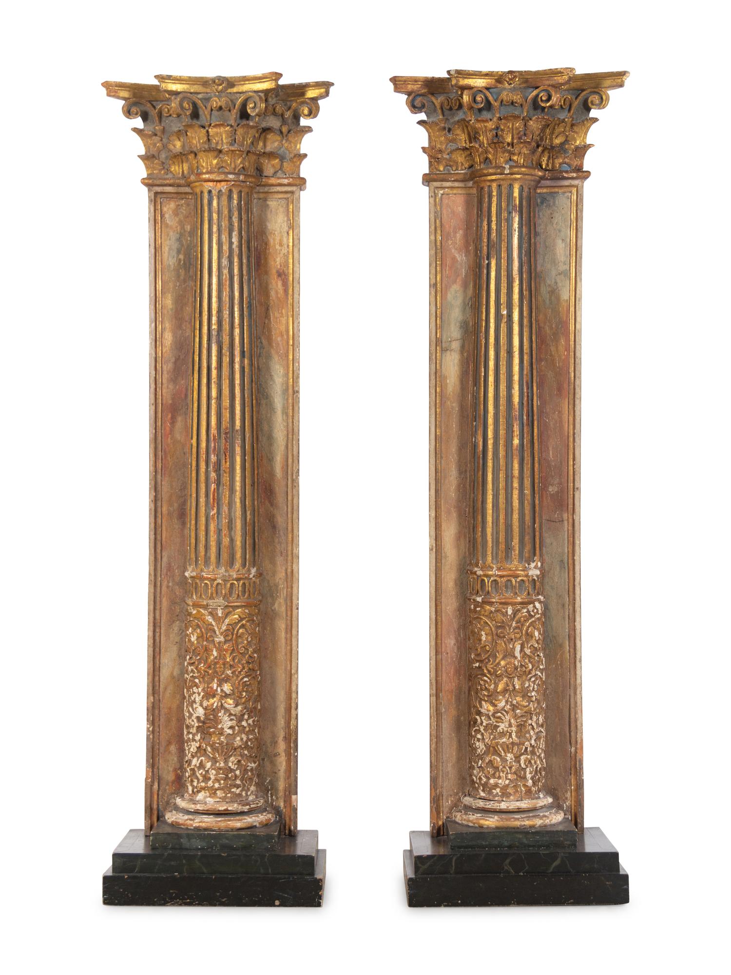 A Pair of Continental Painted and Parcel-Gilt Corinthian Columnar Pilasters