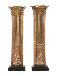 A Pair of Continental Painted and Parcel-Gilt Corinthian Columnar Pilasters