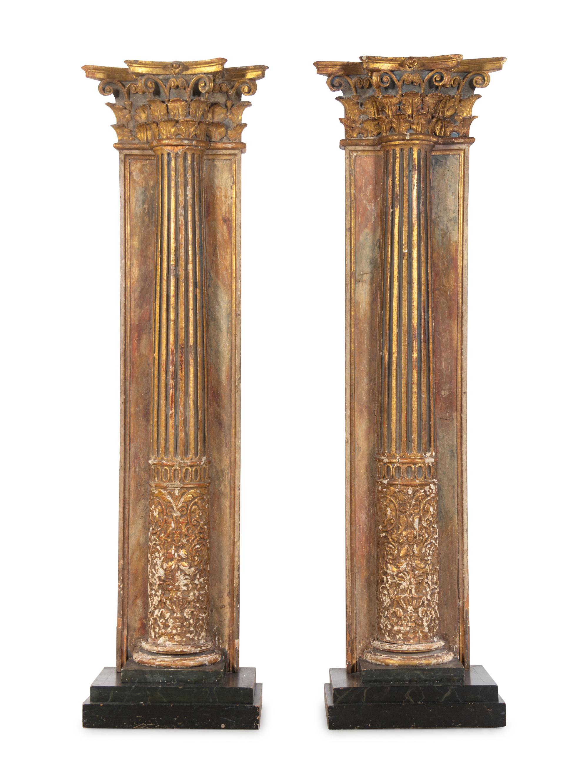 A Pair of Continental Painted and Parcel-Gilt Corinthian Columnar Pilasters