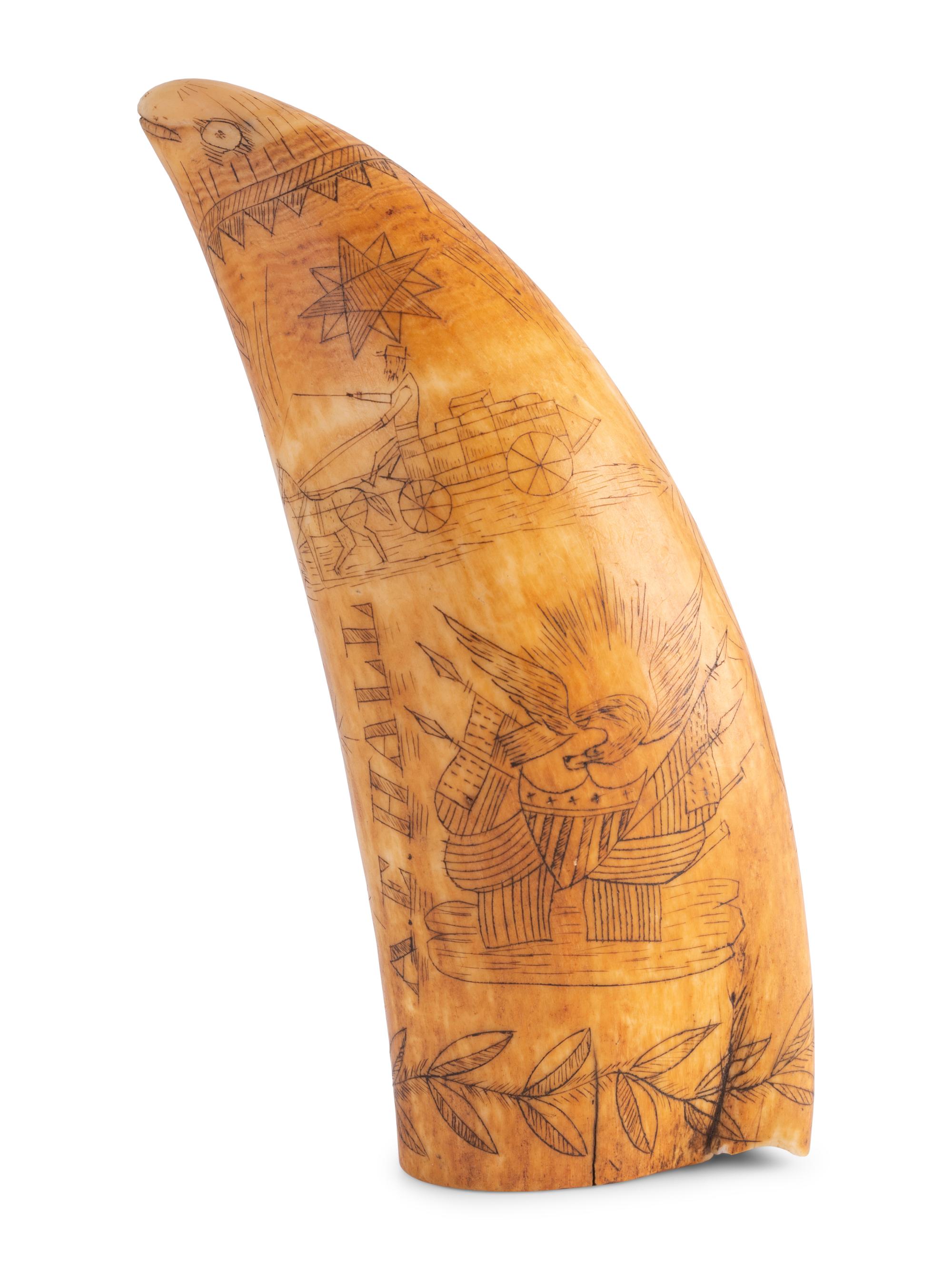 A Scrimshaw Tooth with Patriotic Decoration, Signed A.E. Hall