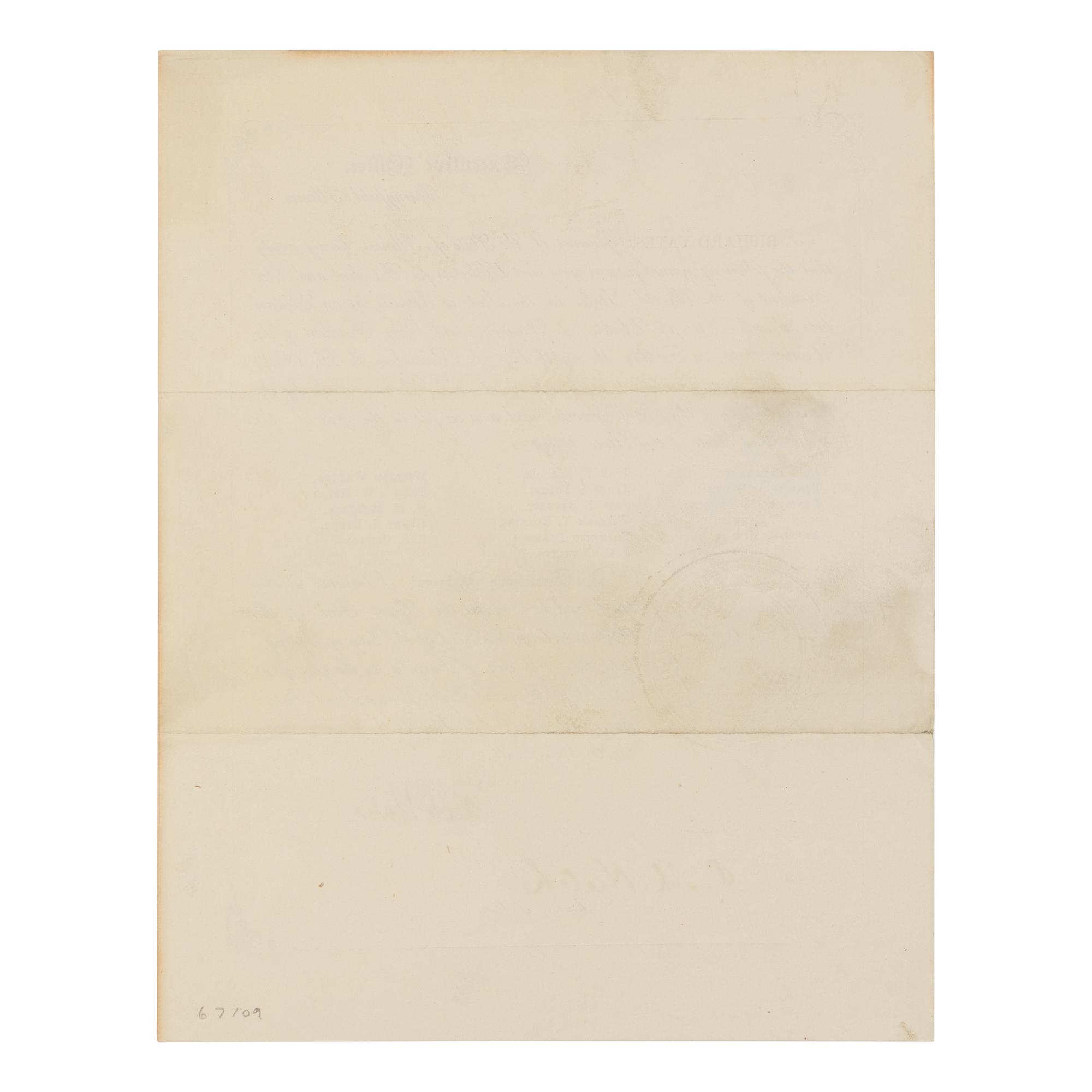 [LINCOLN-JOHNSON CAMPAIGN]. YATES, Richard (1815-1873). Engraved document signed ("Rich. Yates"), Springfield, Illinois, December 1864.