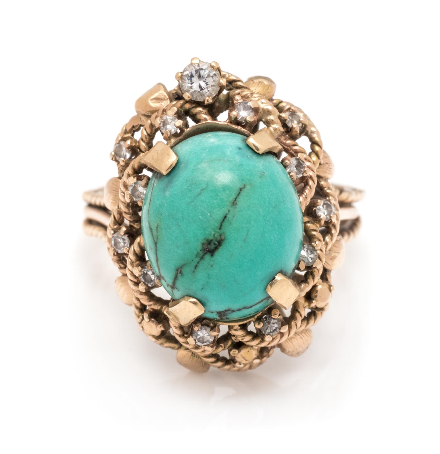 A Yellow Gold, Turquoise and Diamond Ring,