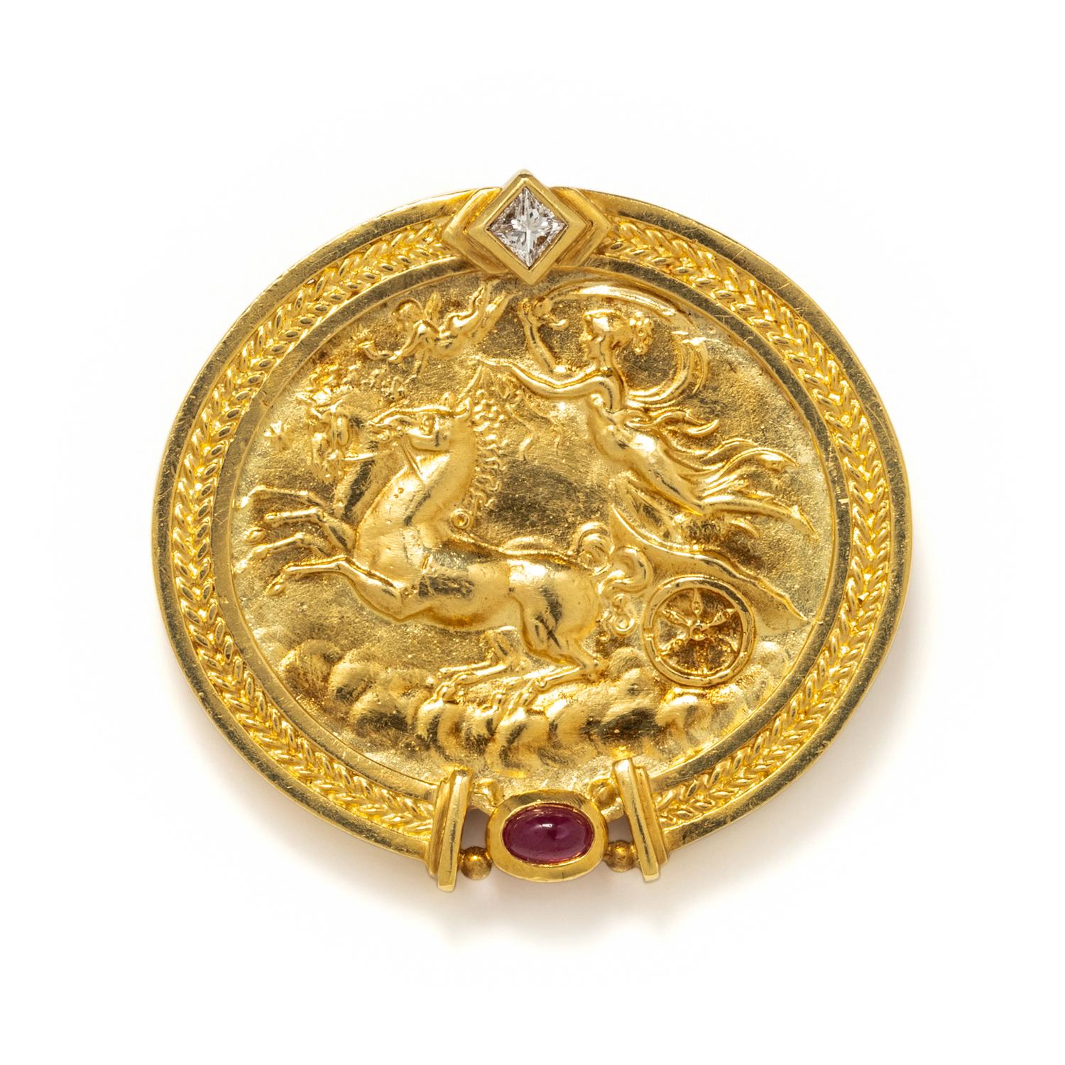 SEIDEN GANG, YELLOW GOLD, DIAMOND AND RUBY NECKLACE/BROOCH