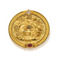 SEIDEN GANG, YELLOW GOLD, DIAMOND AND RUBY NECKLACE/BROOCH