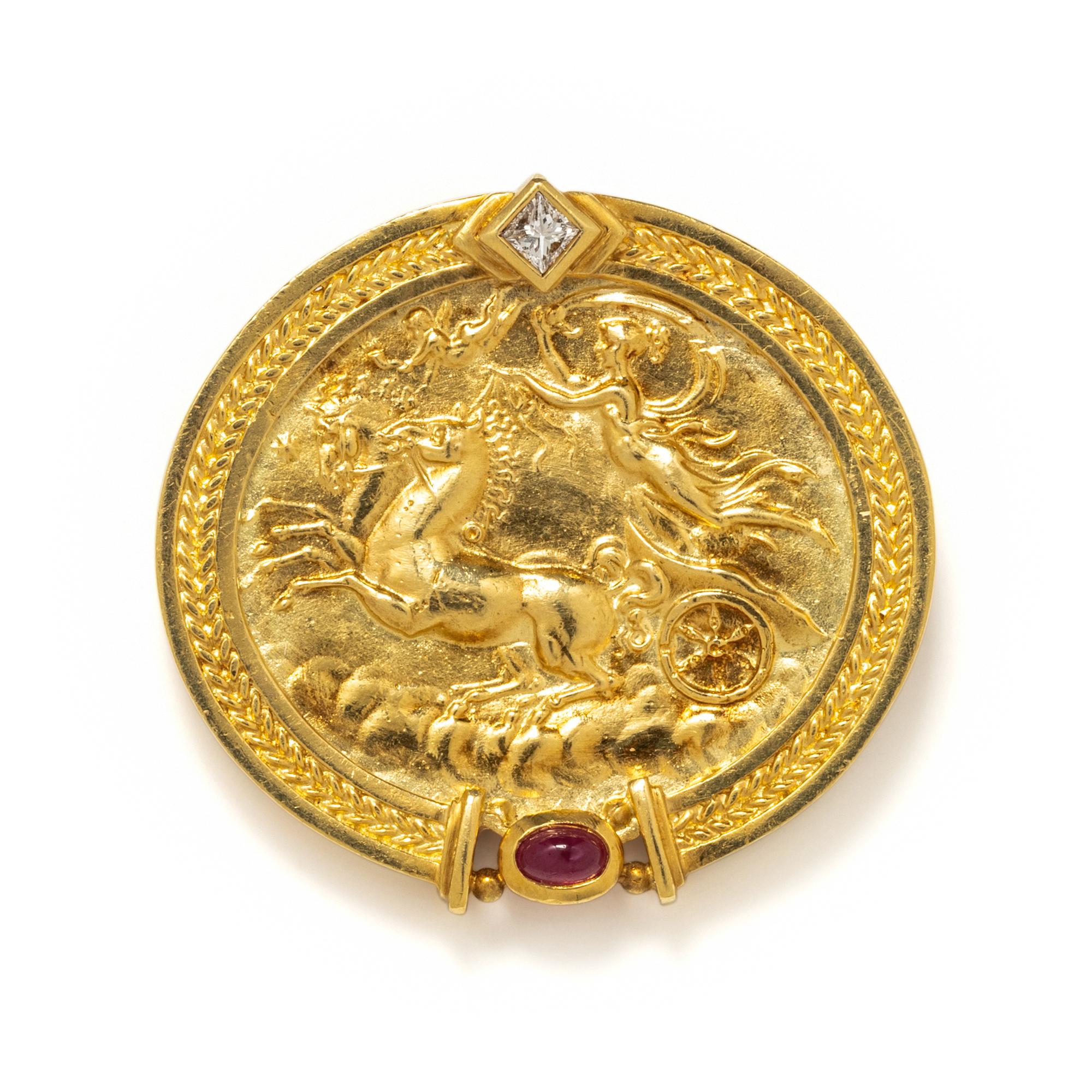 SEIDEN GANG, YELLOW GOLD, DIAMOND AND RUBY NECKLACE/BROOCH