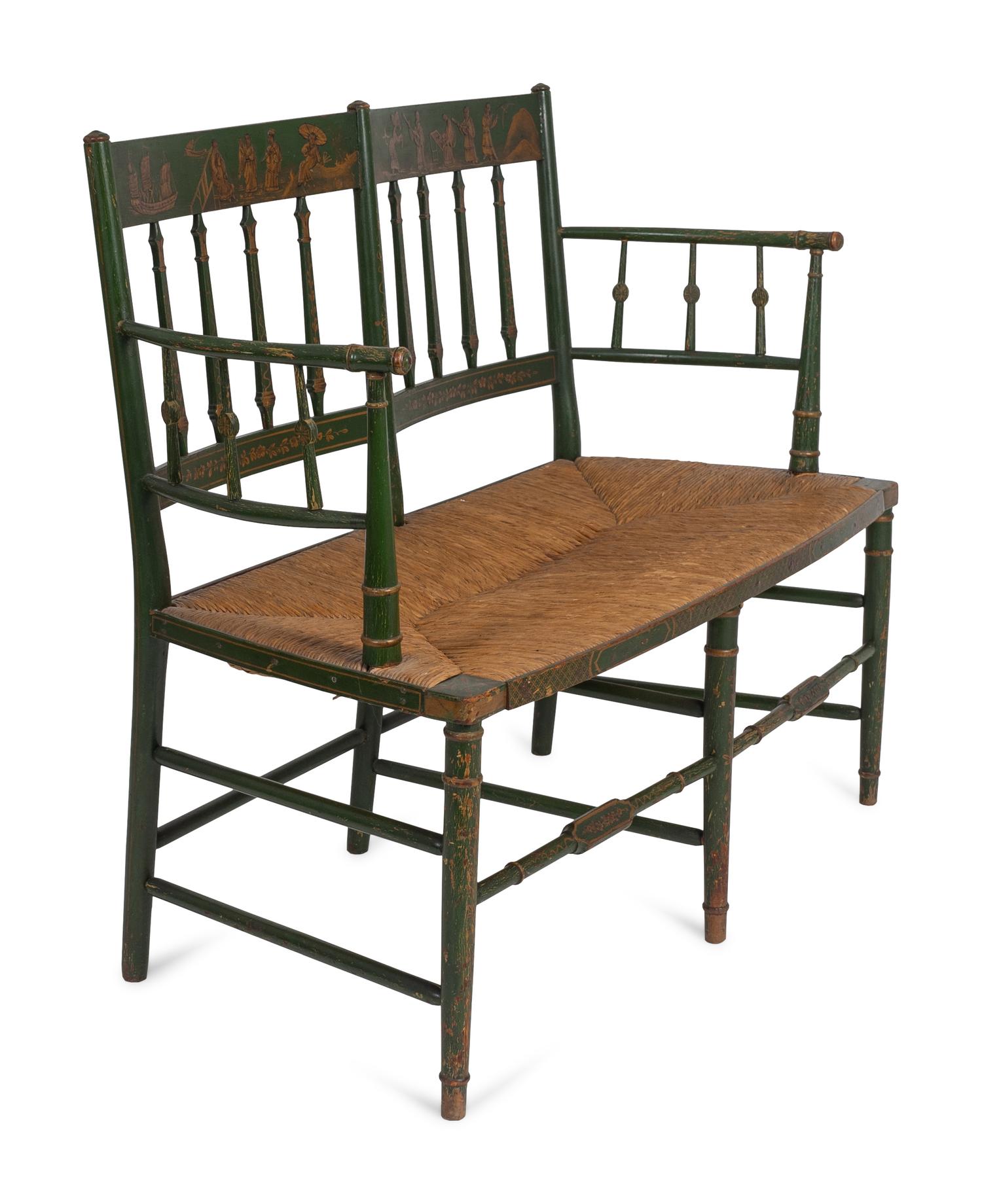 A Regency Style Painted Two-Chair Back Bench with Rush Seat — 19TH/20TH CENTURY