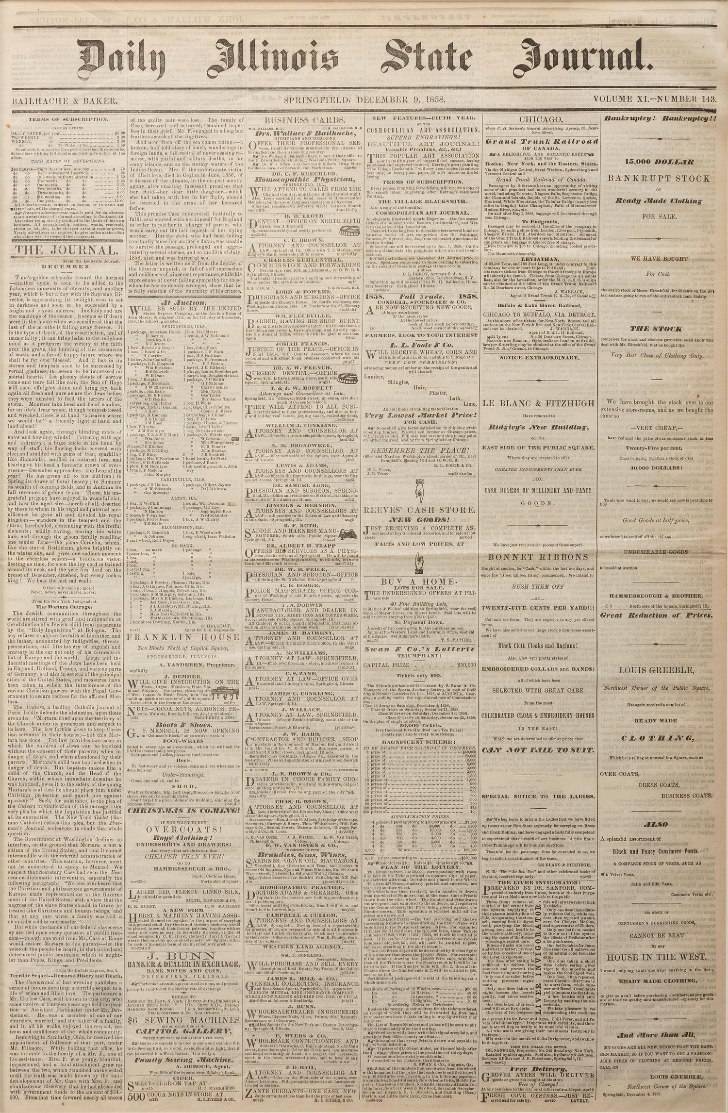 [LINCOLNIANA]. Daily Illinois State Journal . 9 December 1858. With Lincoln & Herndon advertisement.