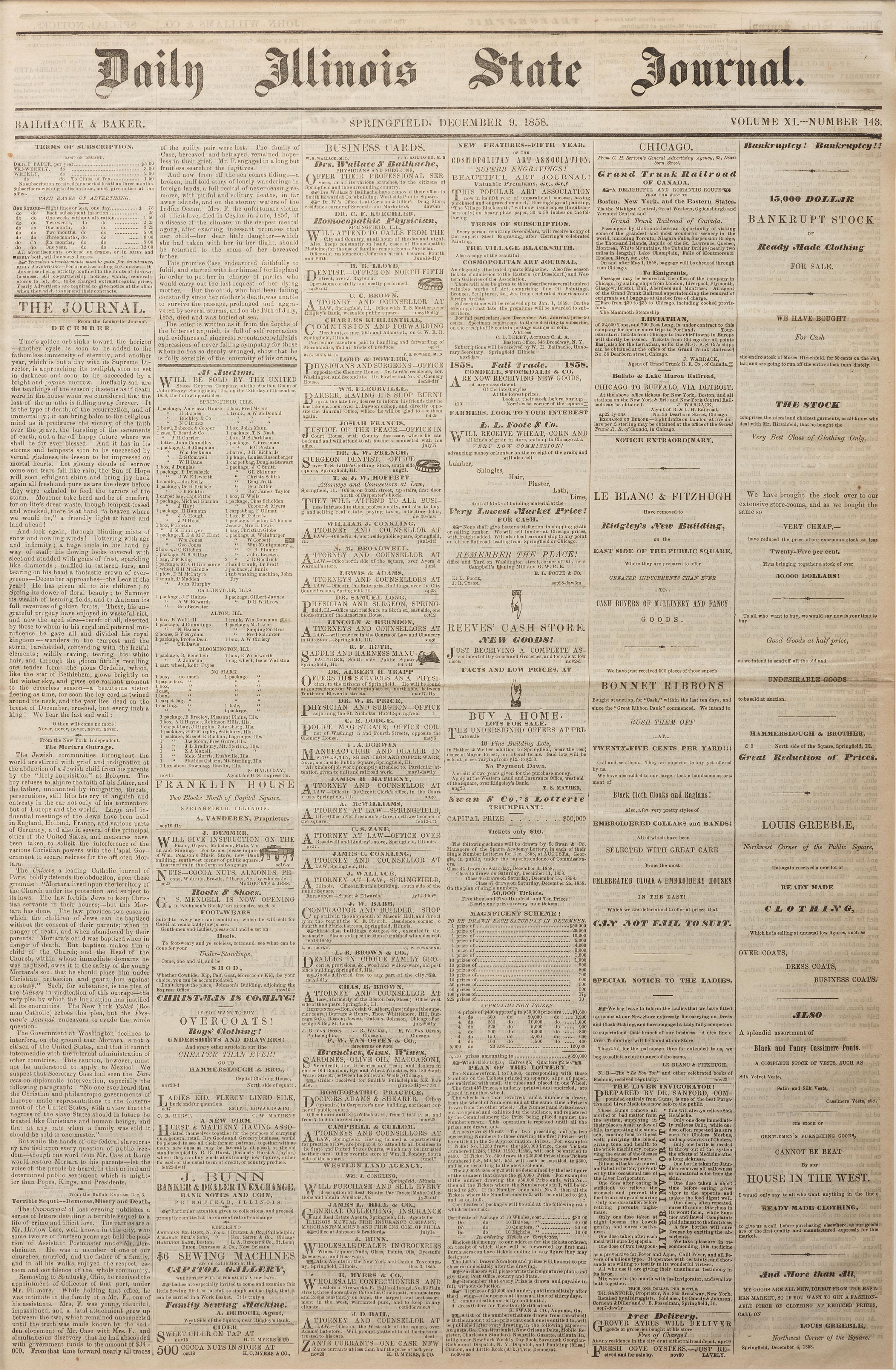 [LINCOLNIANA]. Daily Illinois State Journal . 9 December 1858. With Lincoln & Herndon advertisement.