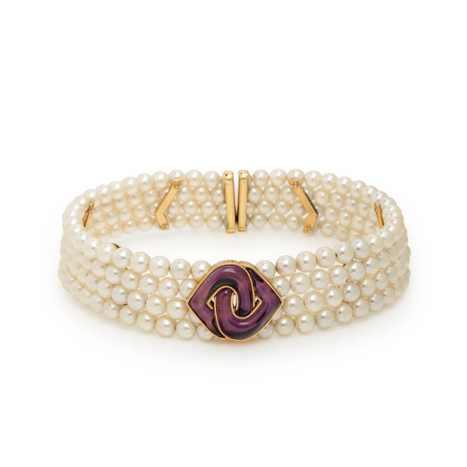 MARINA B., CULTURED PEARL, AMETHYST, AND YELLOW GOLD CHOKER NECKLACE