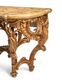 A Pair of Italian Pietra Dura-Inset Giltwood and Faux Marble-Top Console Tables