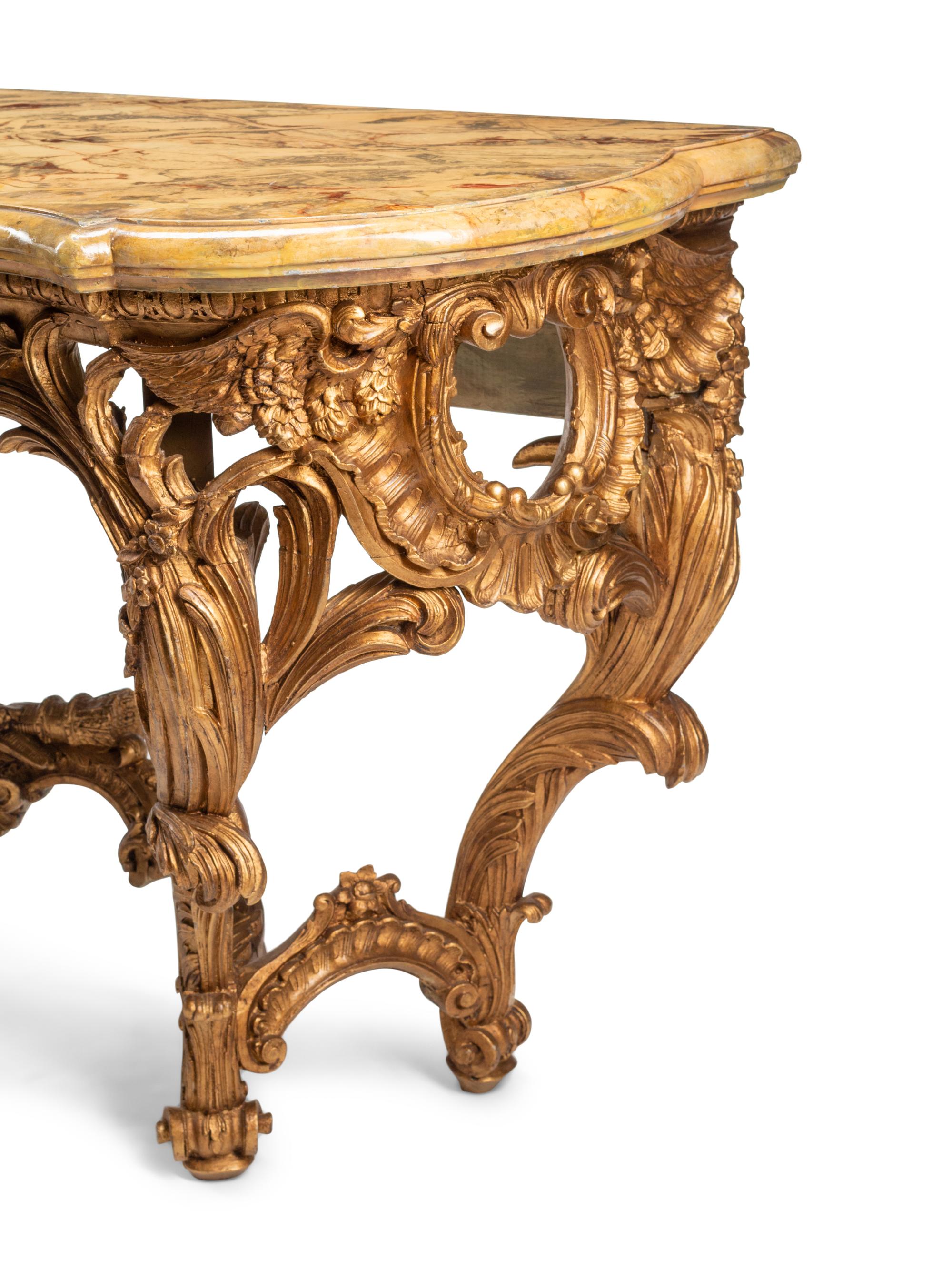 A Pair of Italian Pietra Dura-Inset Giltwood and Faux Marble-Top Console Tables