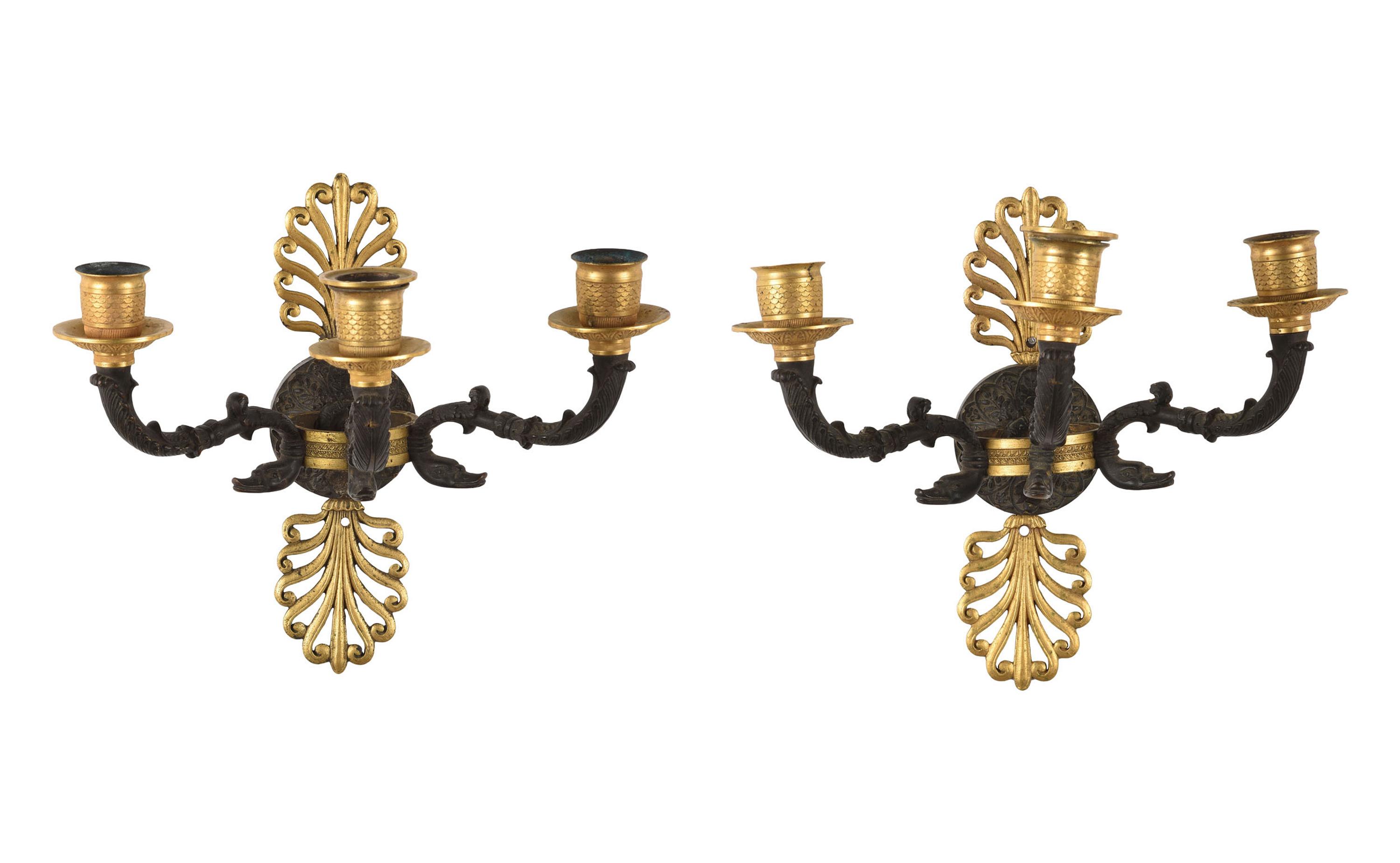A Pair of Empire Style Three-Light Bronze Sconces