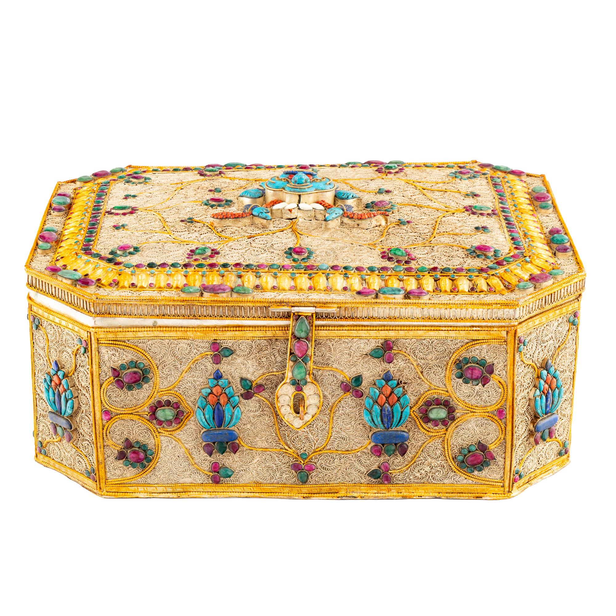A Large Silvered and Gilt Filigree and Jeweled Box