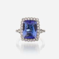 A tanzanite, diamond, and eighteen karat white gold ring