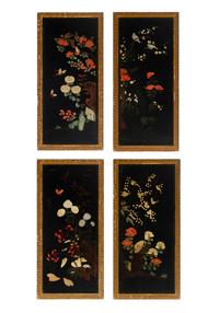 Four Chinese Gilt-Framed Black and Polychrome Lacquer Panels