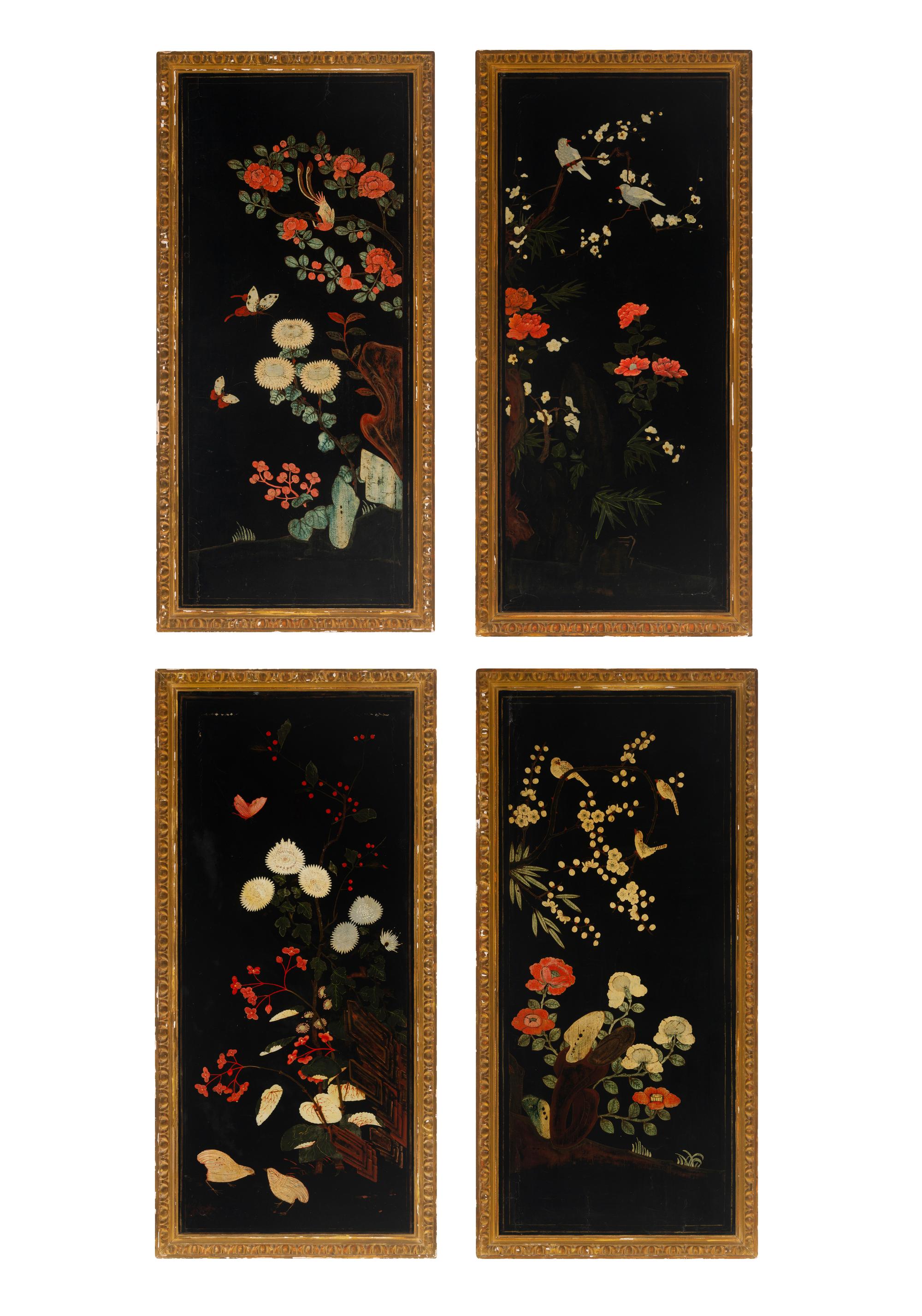 Four Chinese Gilt-Framed Black and Polychrome Lacquer Panels