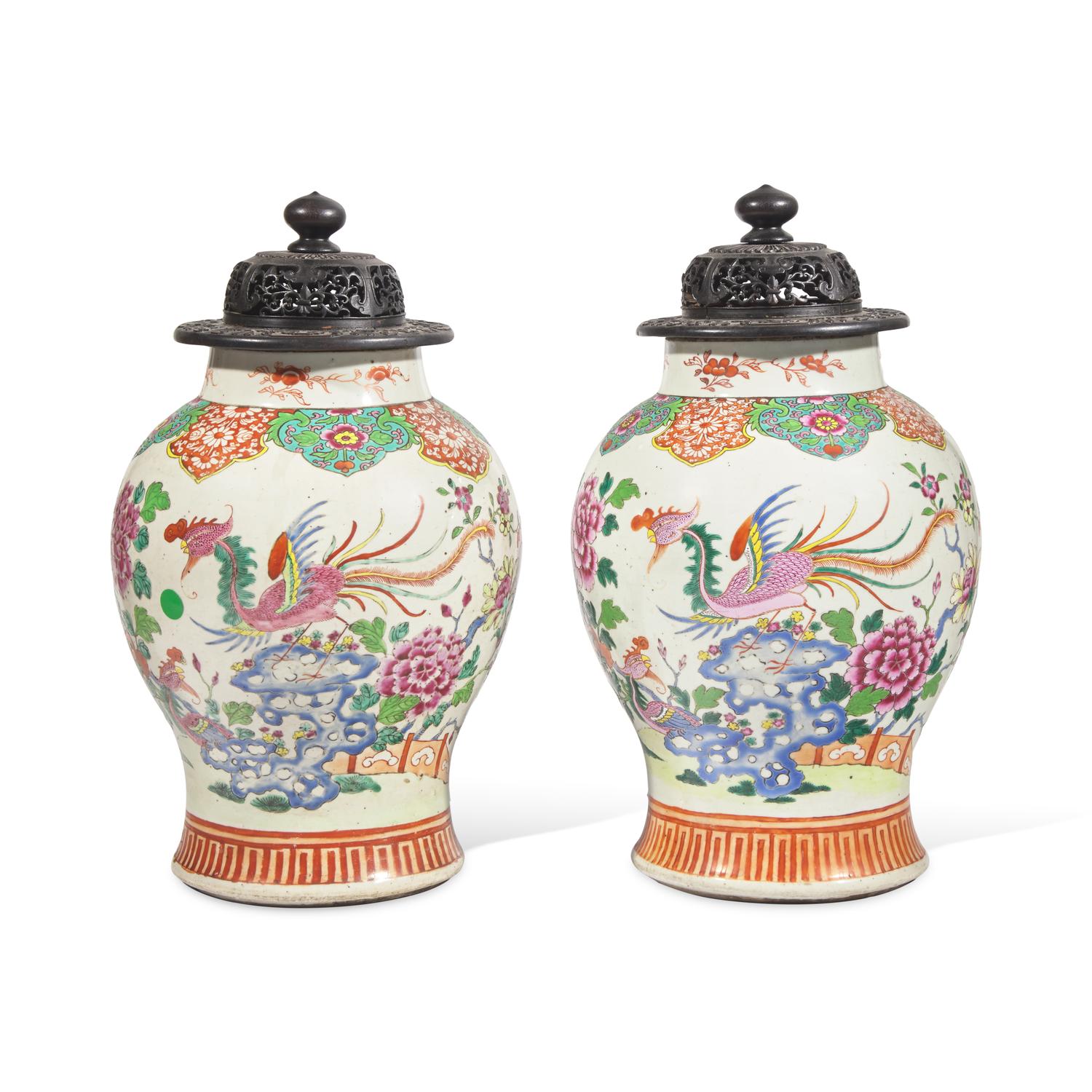 A Pair of Chinese Porcelain Famille Rose Baluster Jars