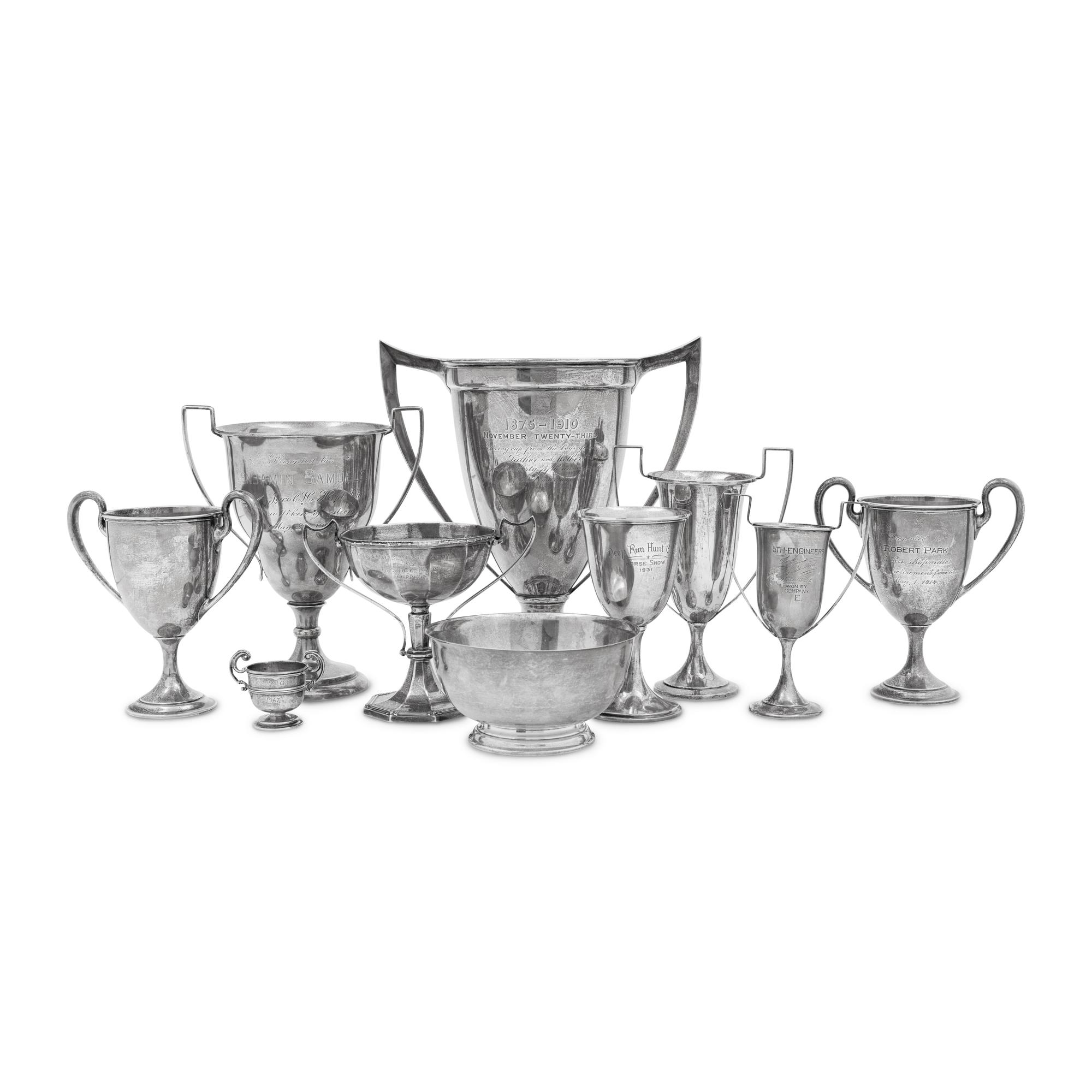 A Collection of Ten American and British Silver Presentation Trophies