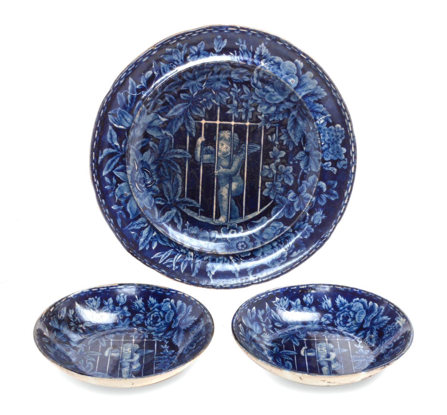 Three English Transfer Decorated Articles Diameter of largest 18 1/8 inches.