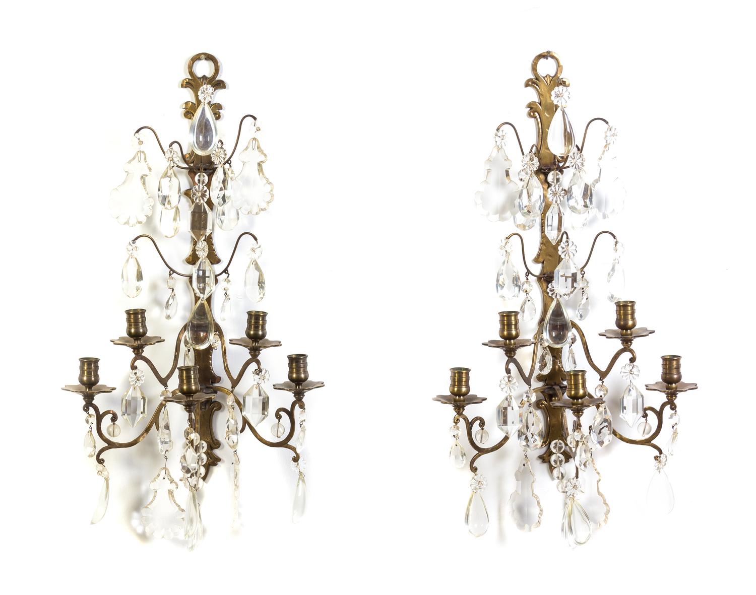 A Pair of Dutch Brass Five-Light Sconces Height 27 inches.