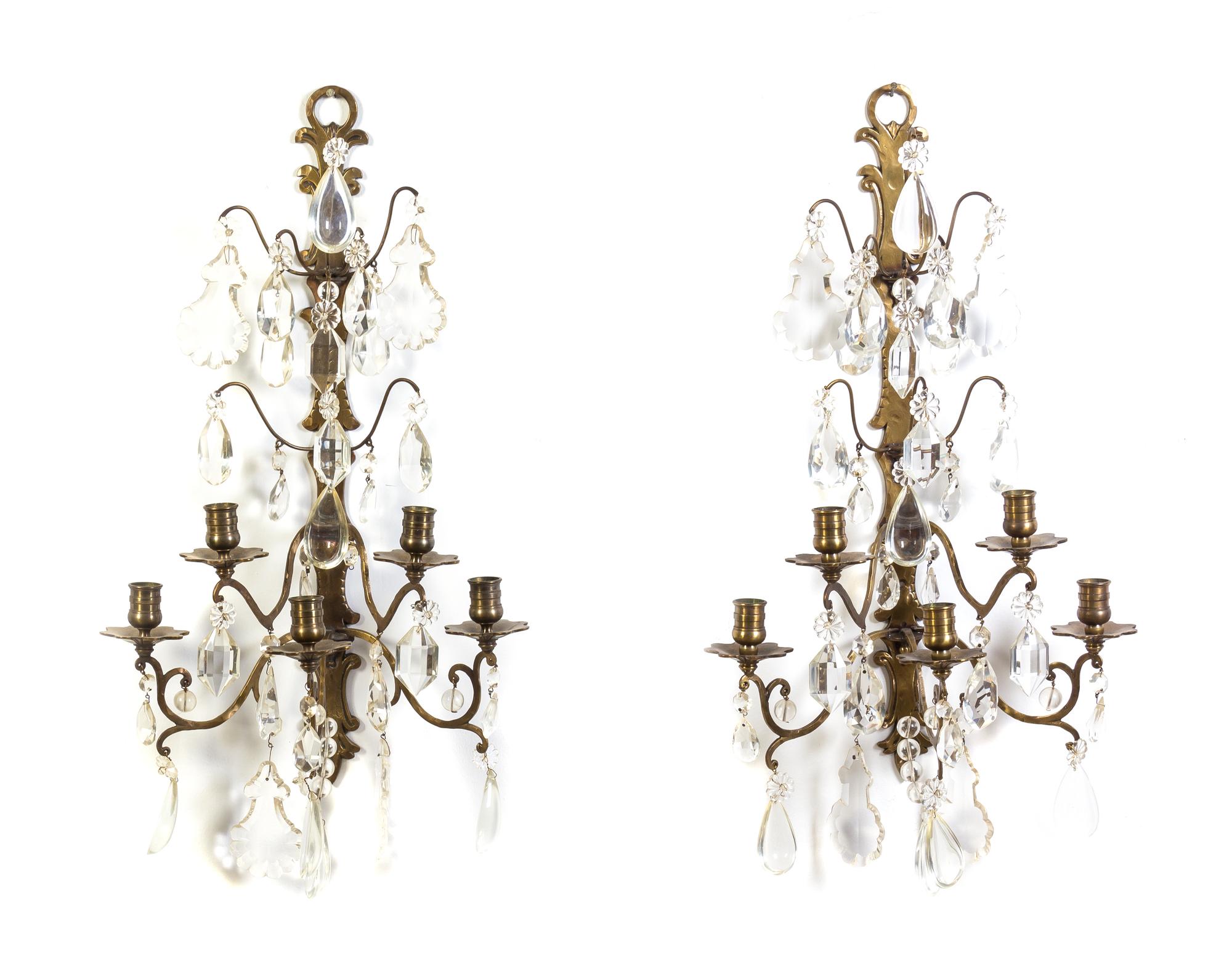 A Pair of Dutch Brass Five-Light Sconces Height 27 inches.