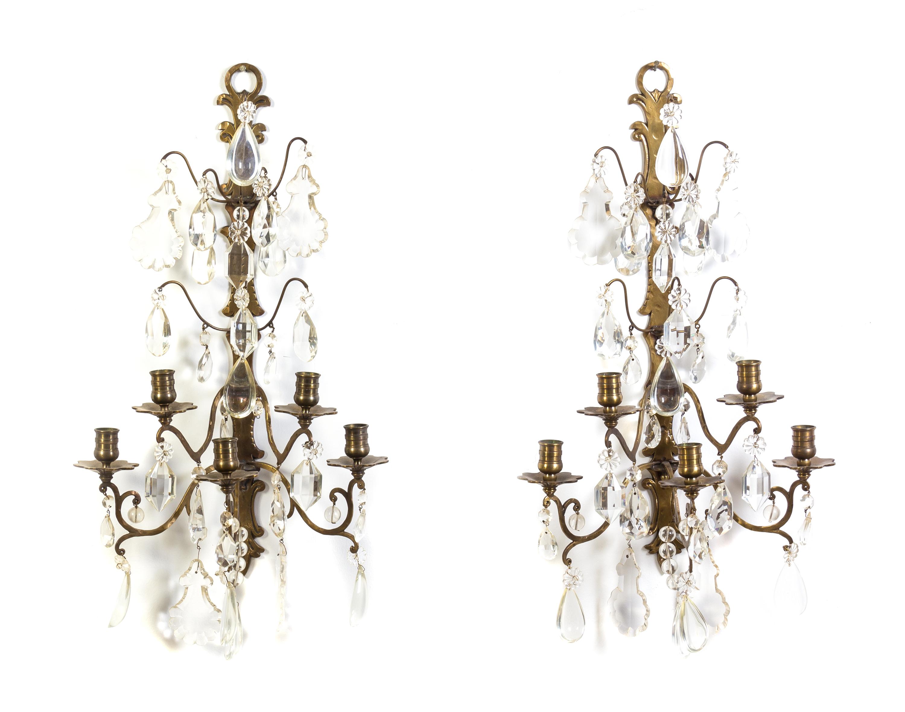 A Pair of Dutch Brass Five-Light Sconces Height 27 inches.