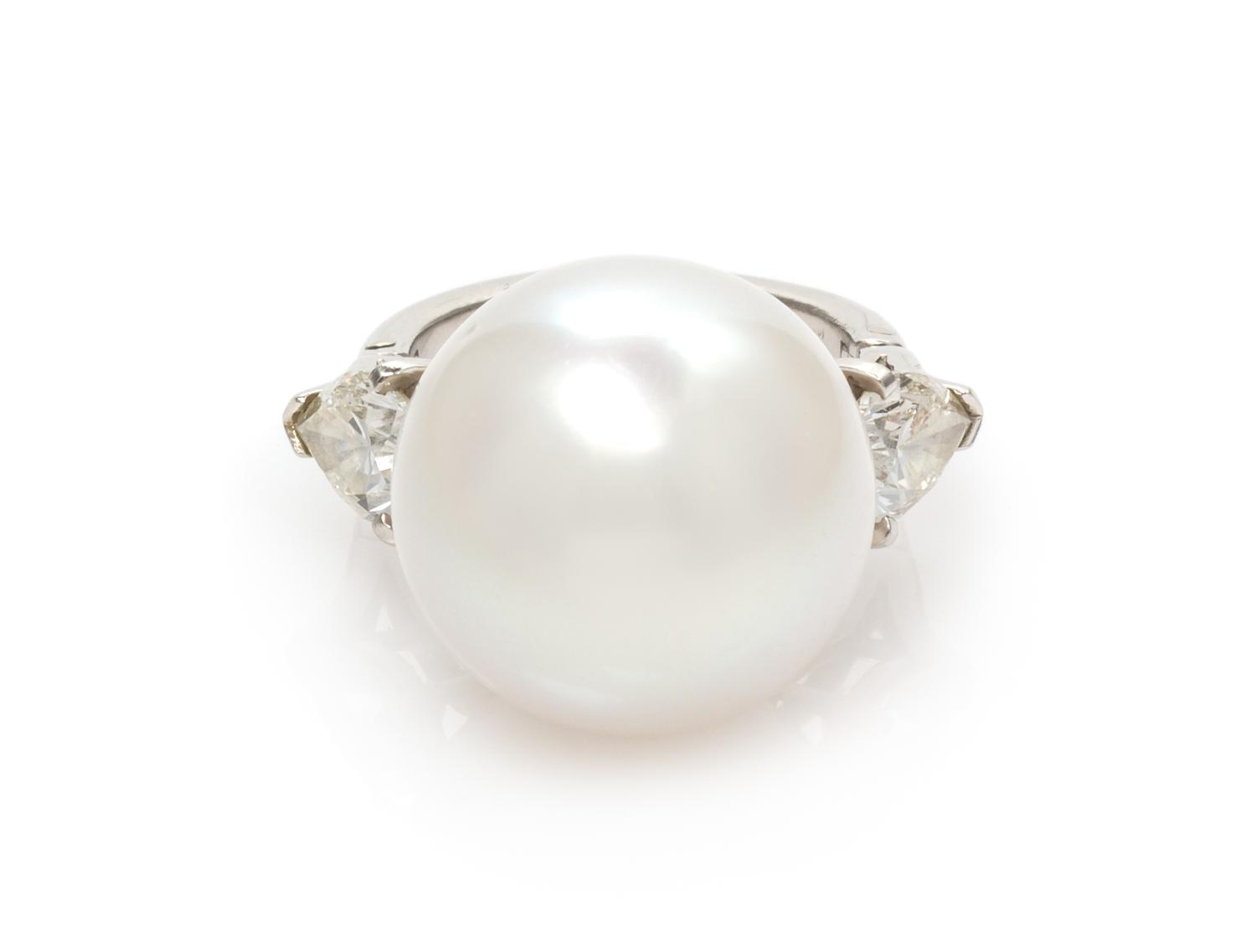 A Platinum, Cultured South Sea Pearl and Diamond Ring, 7.95 dwts.