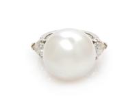 A Platinum, Cultured South Sea Pearl and Diamond Ring, 7.95 dwts.