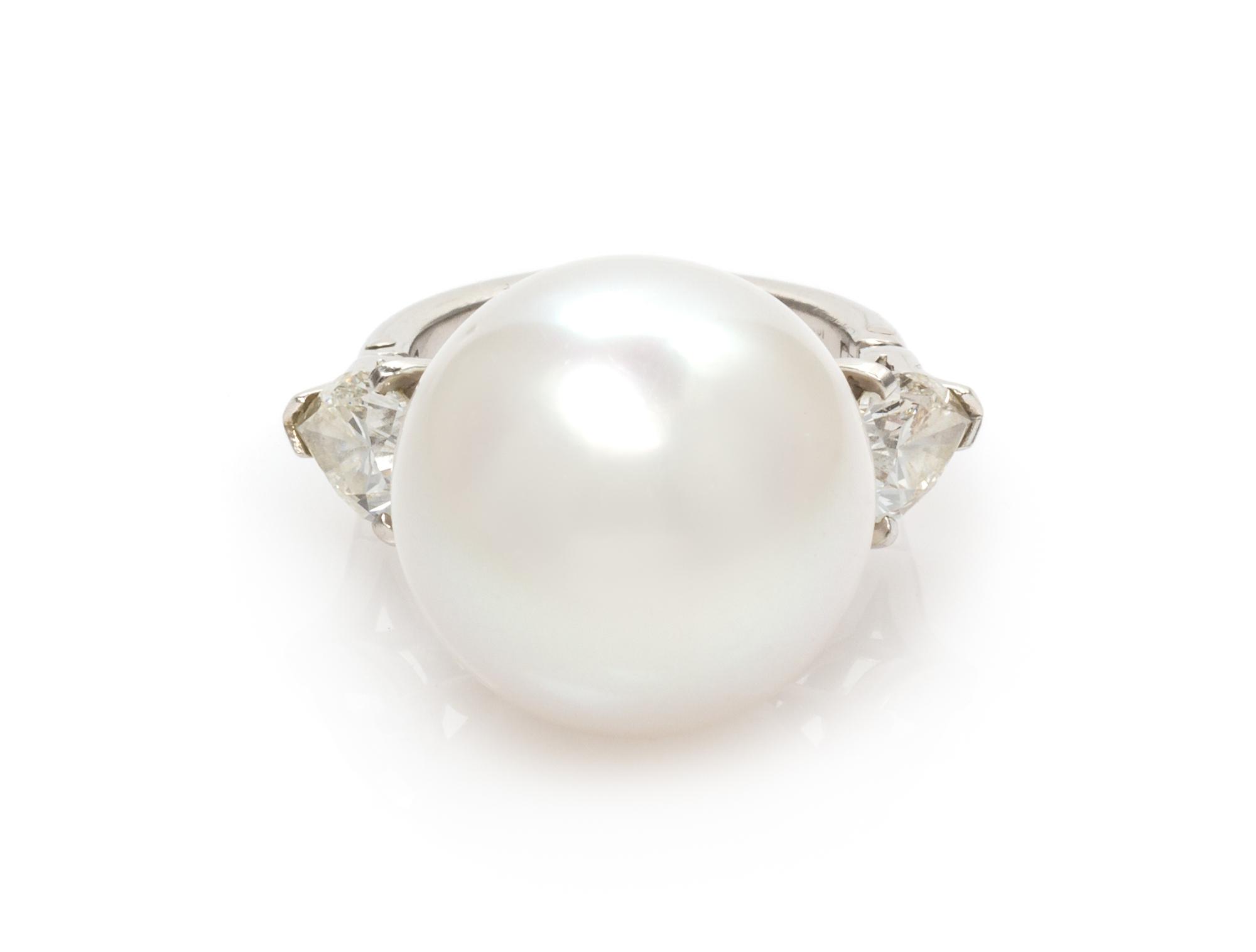 A Platinum, Cultured South Sea Pearl and Diamond Ring, 7.95 dwts.