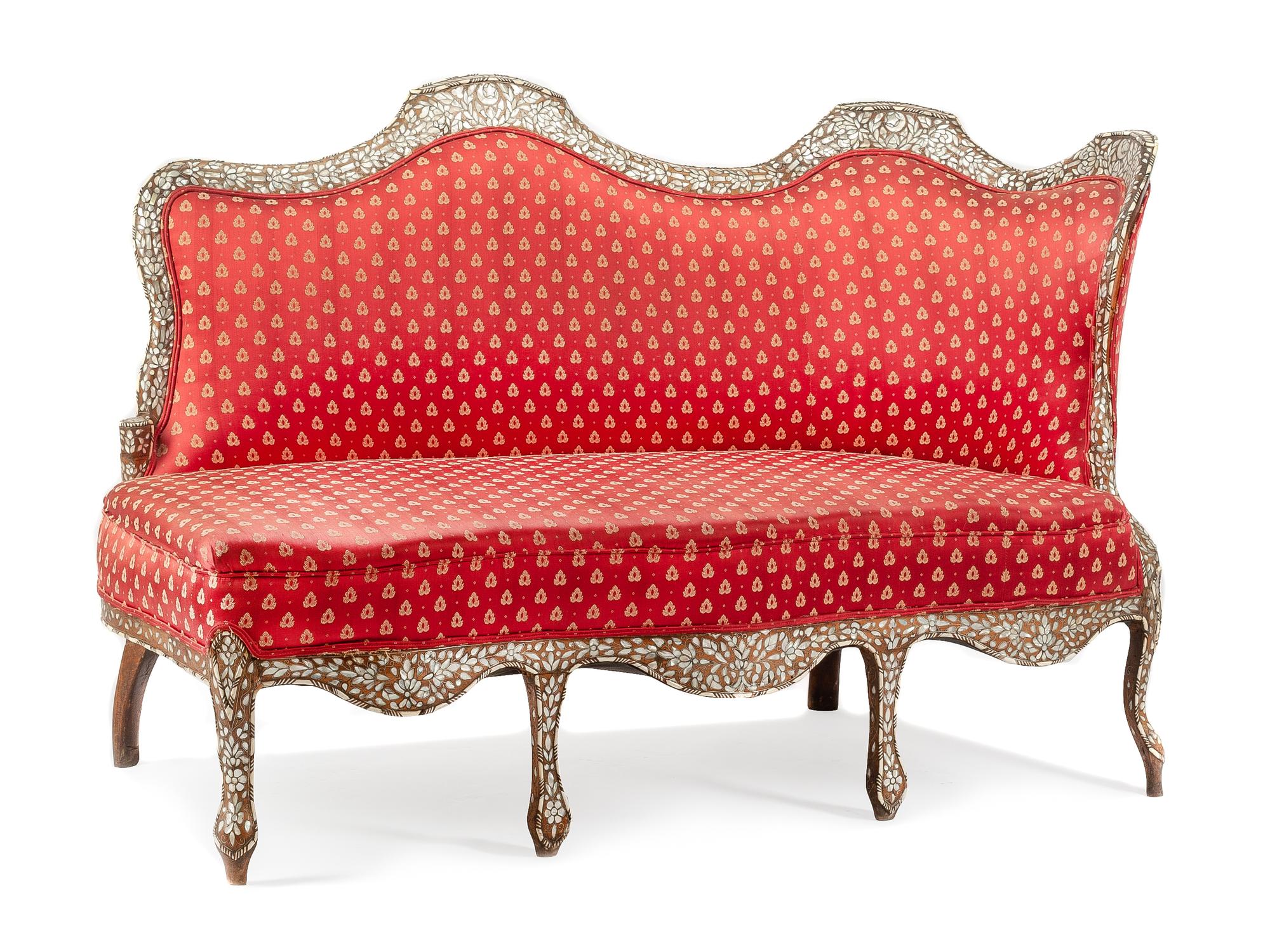 A Moorish Style Mother-of-Pearl Inlaid Corner Sofa Width 67 inches. — LATE 19TH CENTURY