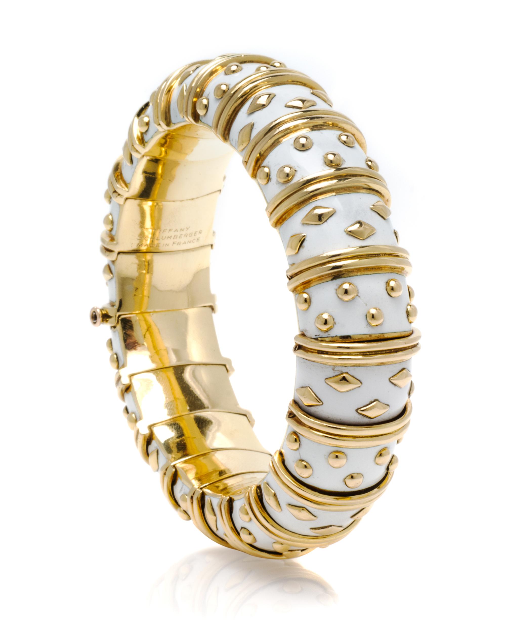 A Vintage 18 Karat Yellow Gold and White Enamel Paillonne Bracelet, Schlumberger for Tiffany & Co., France, 79.60 dwts.