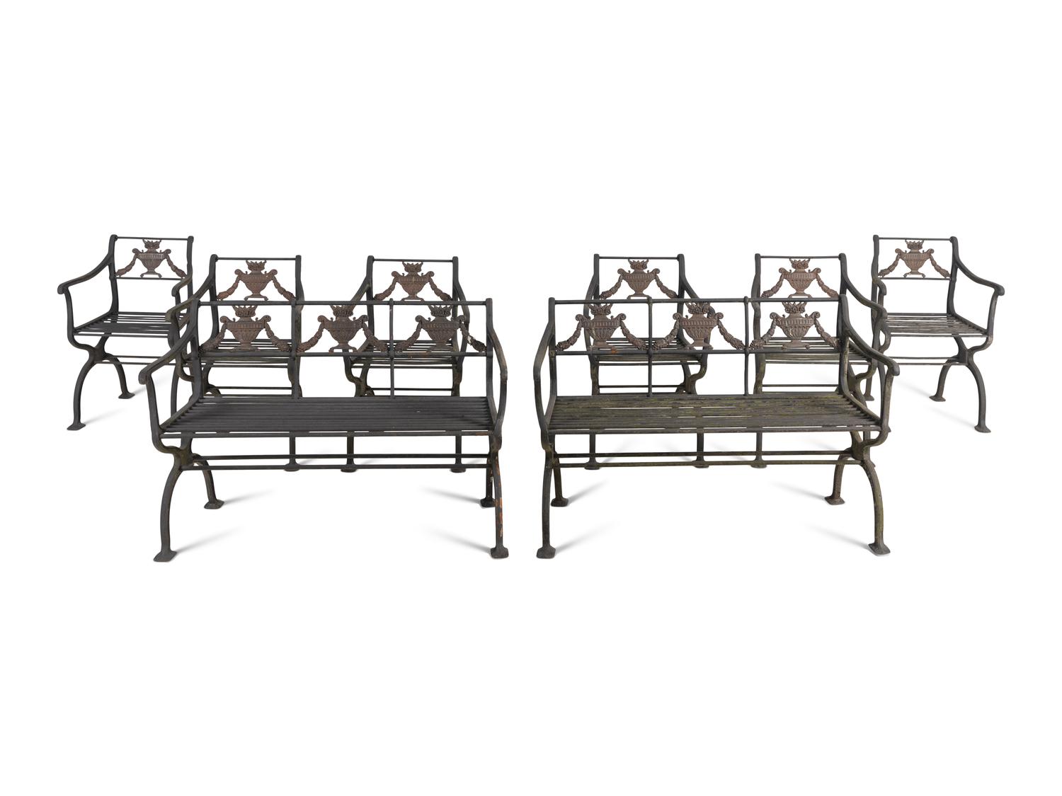 A Neoclassical Cast Iron Eight-Piece Garden Suite