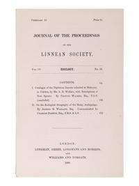 [NATURAL HISTORY]. WALLACE, Alfred Russel (1823-1913). "On the Zoological Geography of the Malay Archipelago...Communicated by Charles Darwin, Esq., F.R.S. & L.S." In: Journal of the Linnean Society. Vol. IV, No. 16 . London: Longman, Green, Longmans and Roberts; and Williams and Norgate, 10 February 1860.