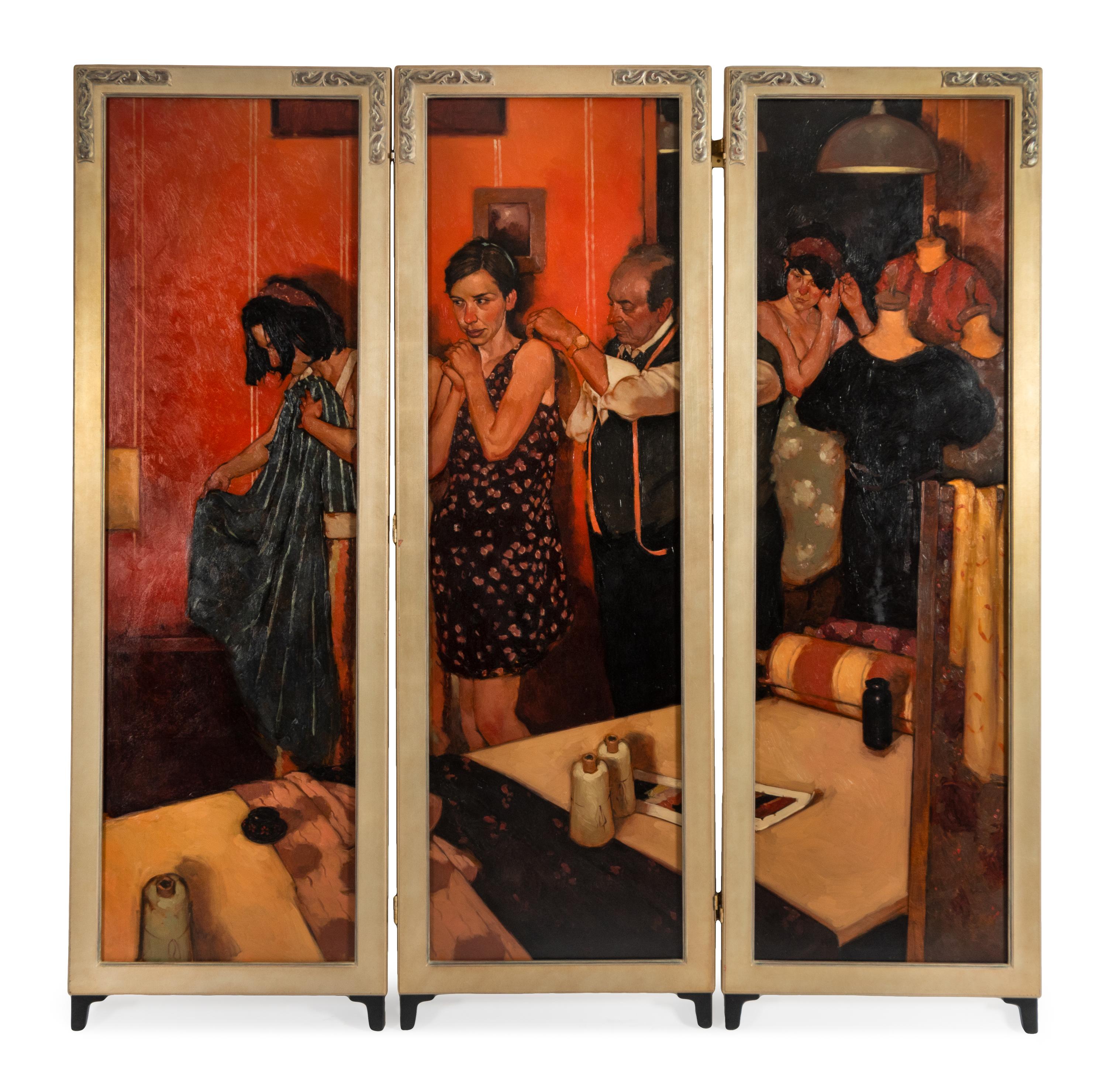 Joseph Lorusso (American, b. 1966) — Getting Fitted (Three-Panel Screen)