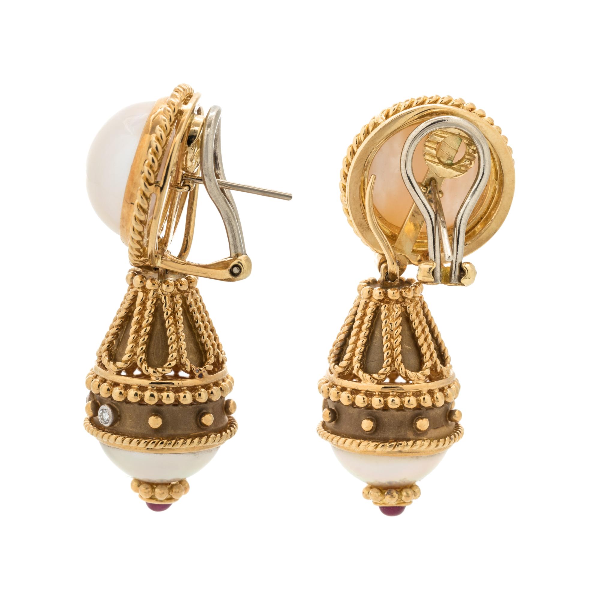 YELLOW GOLD, CULTURED MABE PEARL AND DIAMOND CONVERTIBLE EARCLIPS